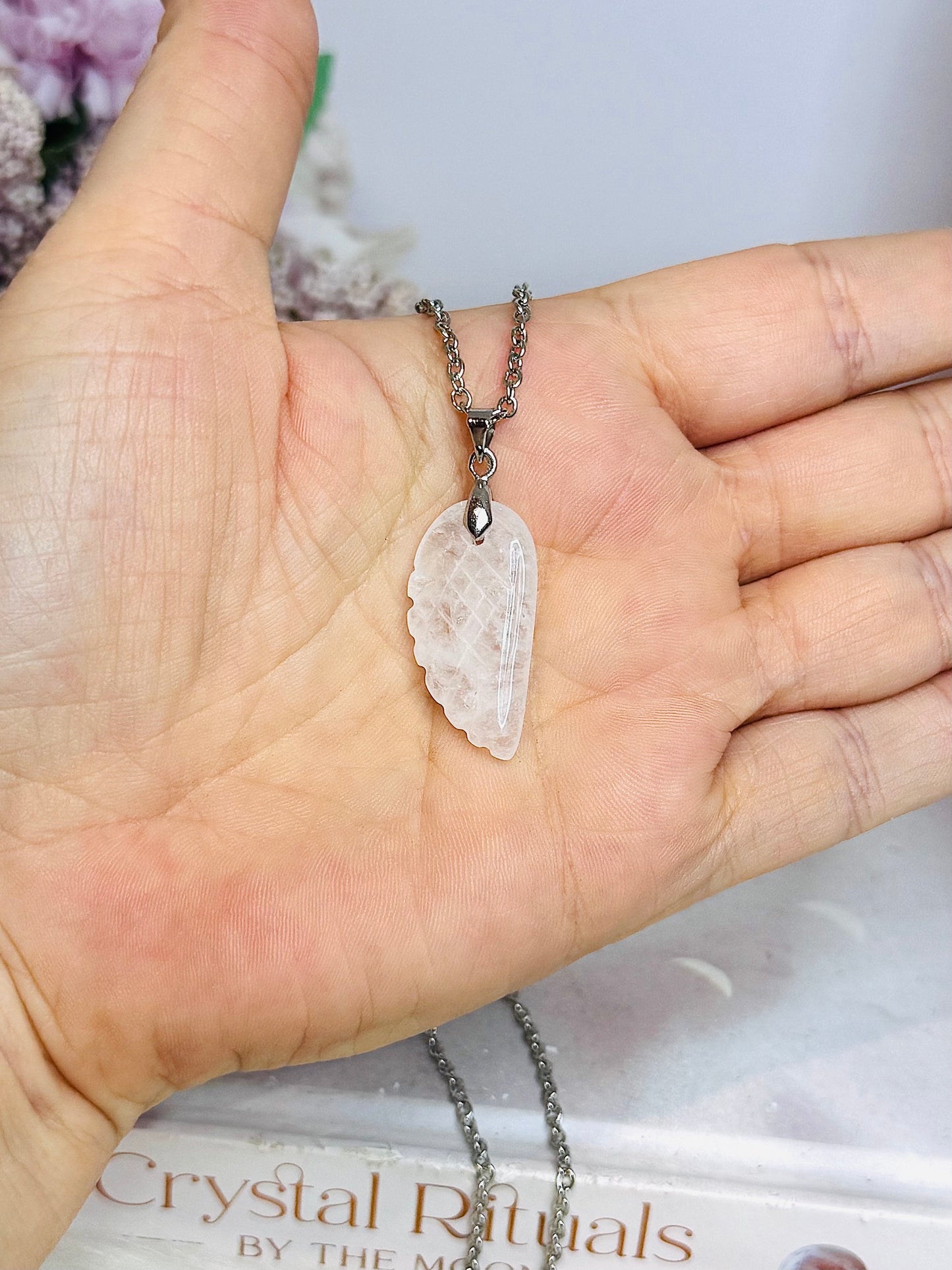 Clear Quartz Carved Angel Wing Necklace In Gift Bag