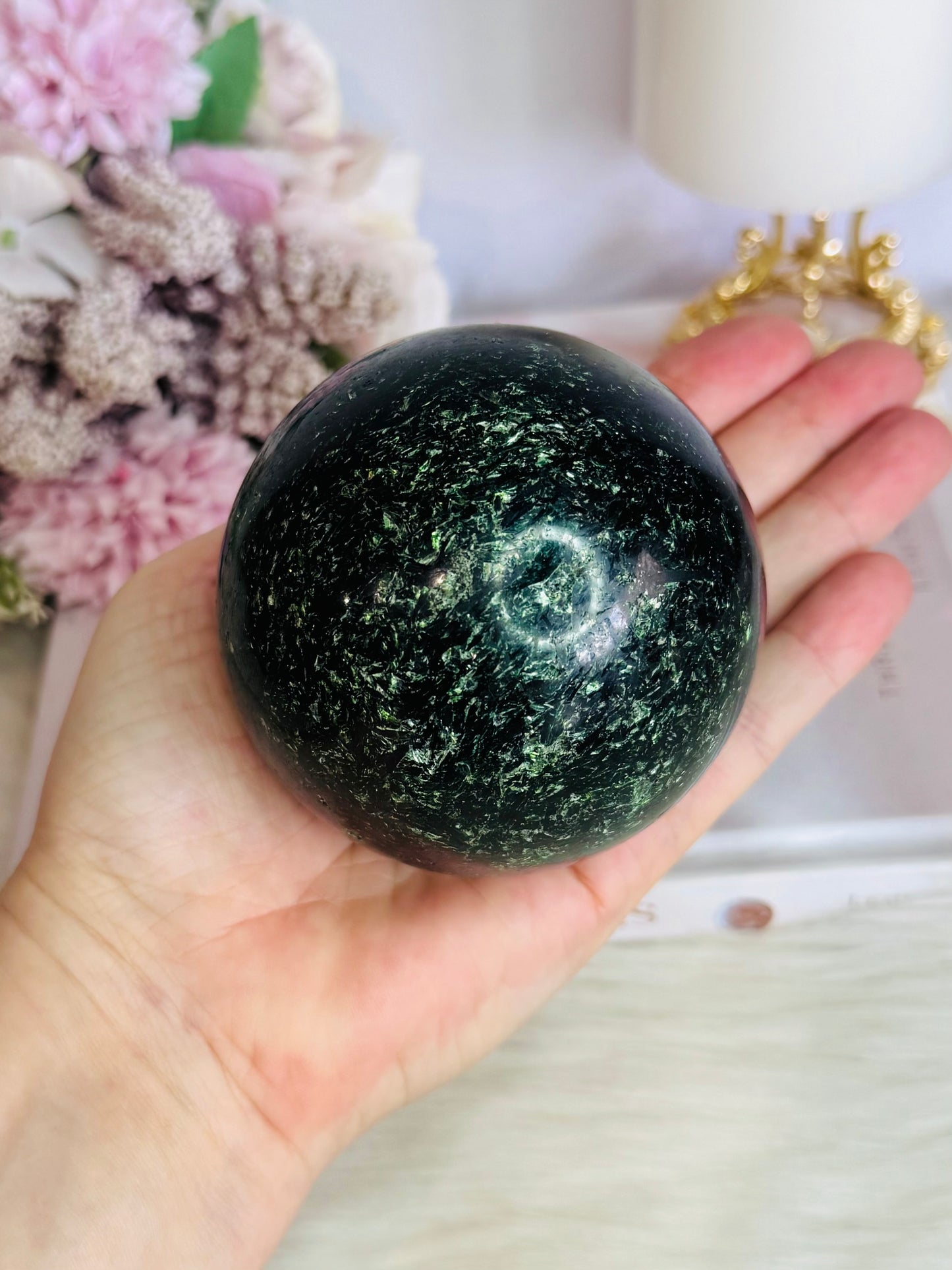 Sparkling Large Green Mica Sphere on Stand 736grams