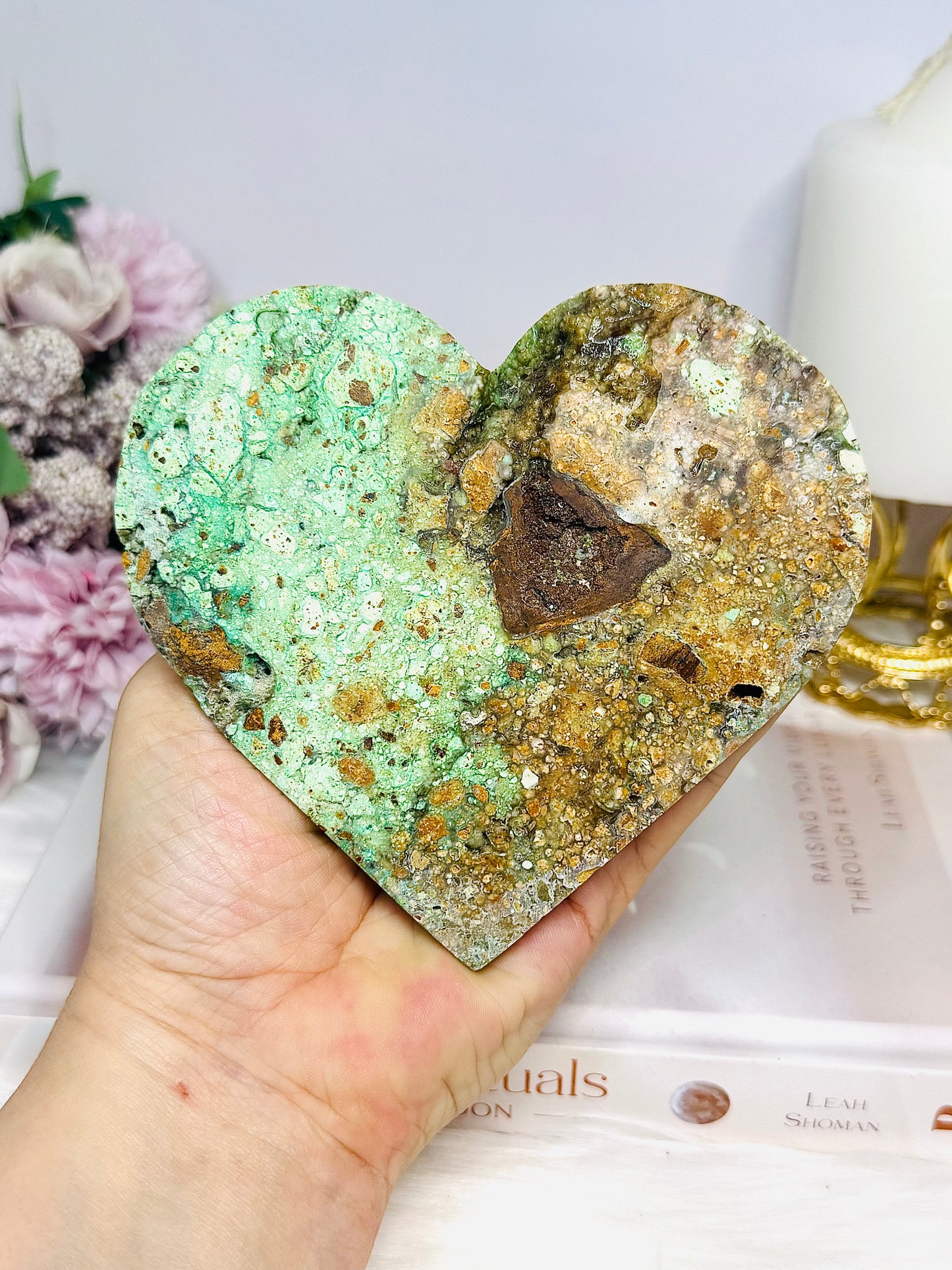 Large Natural Variscite Carved Heart on Stand 12cm