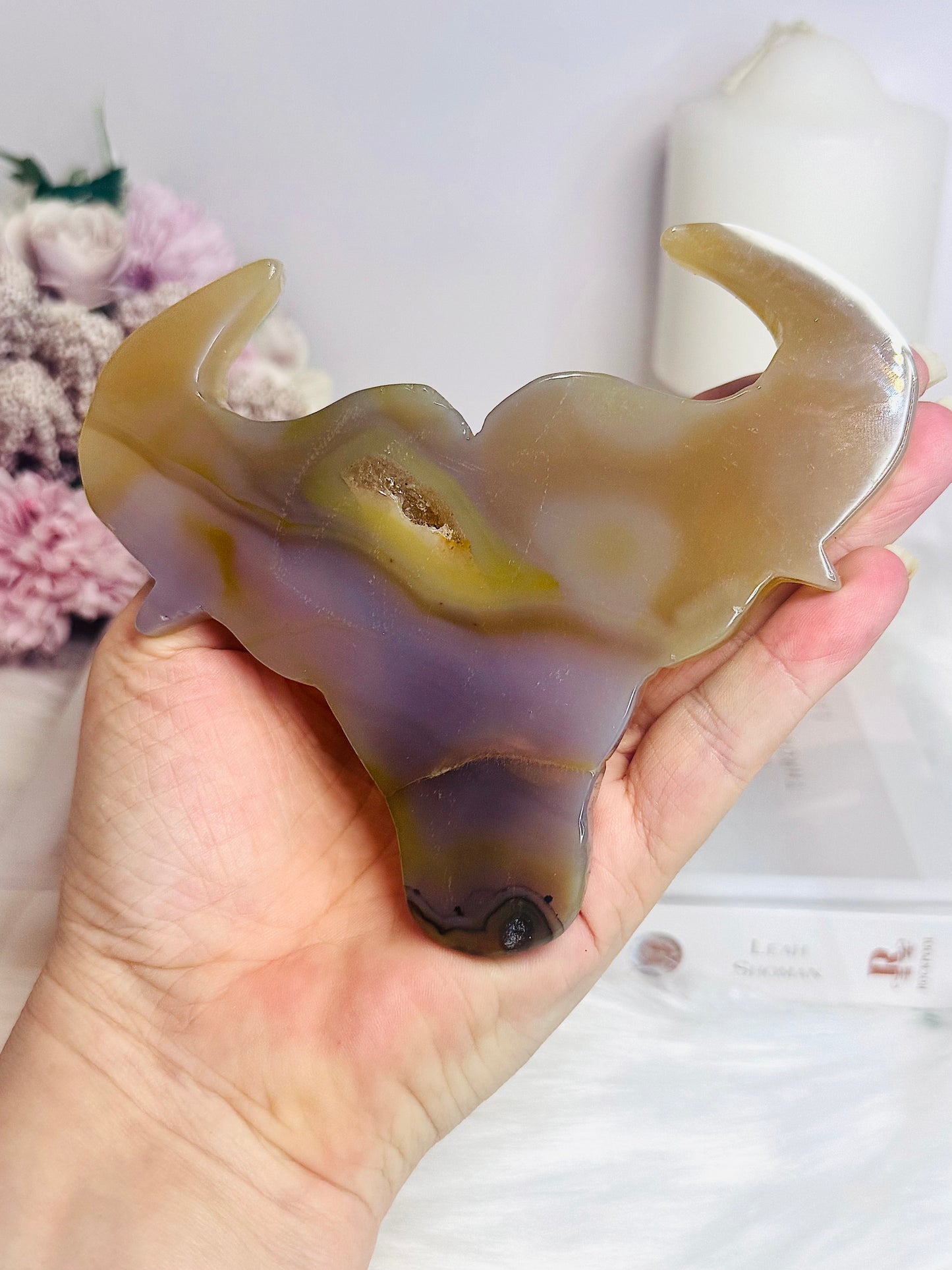 Druzy Agate Carved Bull Head On Stand 13.5cm