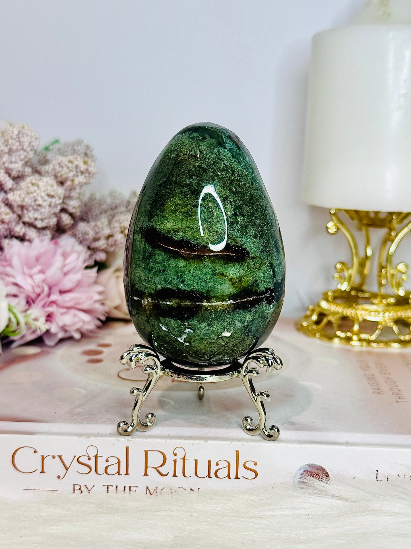 Large Moss Agate Egg on Stand 273g