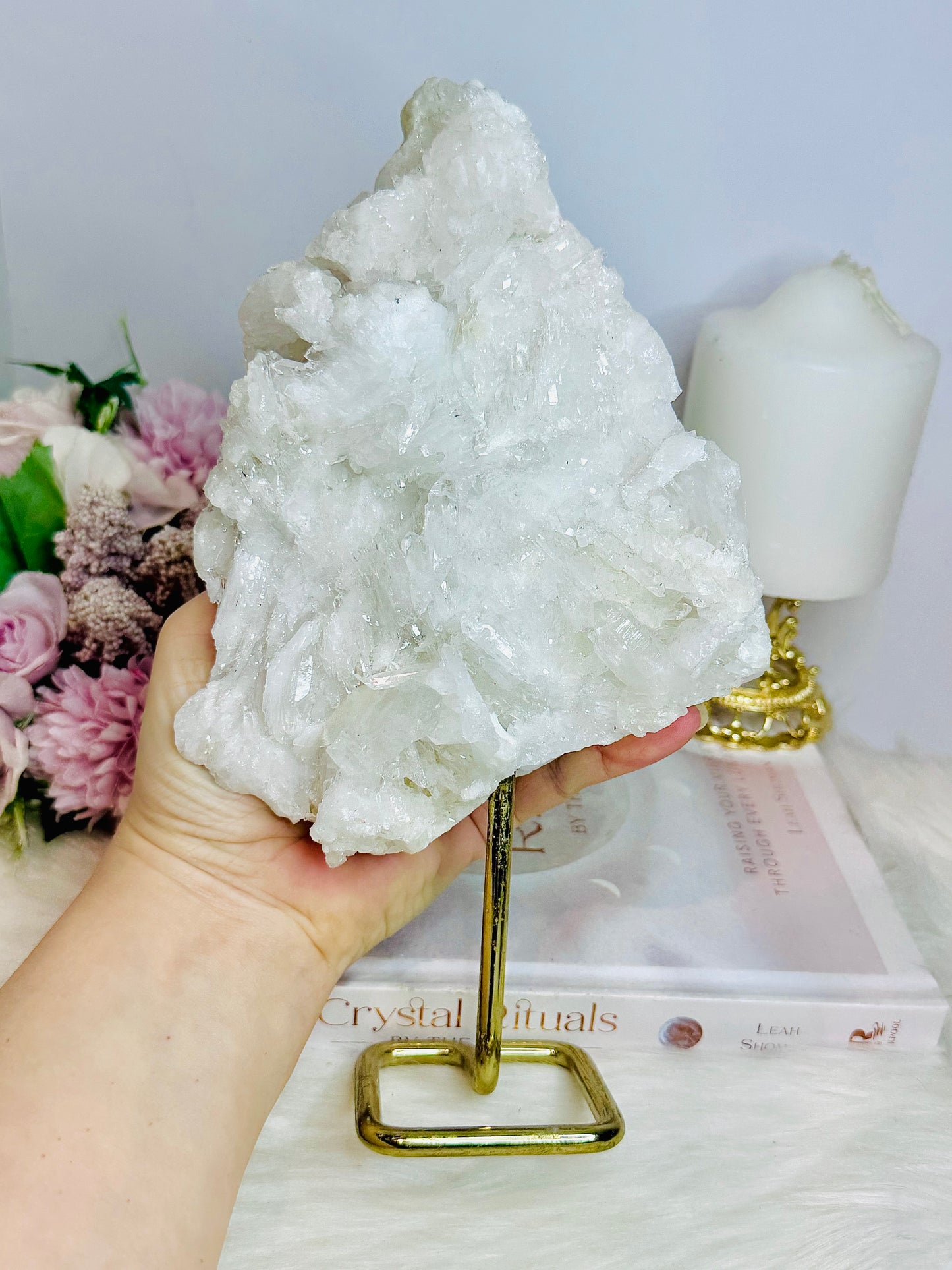 Large Natural Clear Quartz Specimen On Gold Stand 25cm 1.18KG