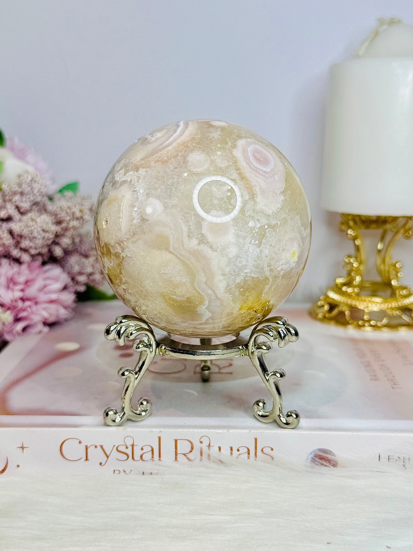 Large Flower Agate Druzy Sphere 646g On Stand