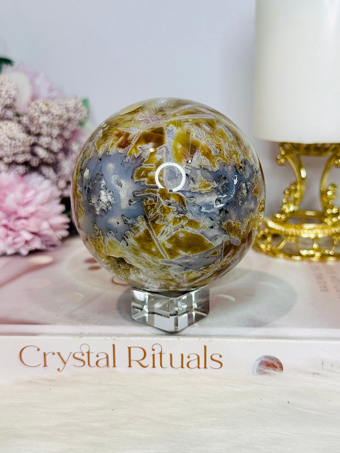 Large Ocean Jasper Rutile Druzy Sphere on Stand