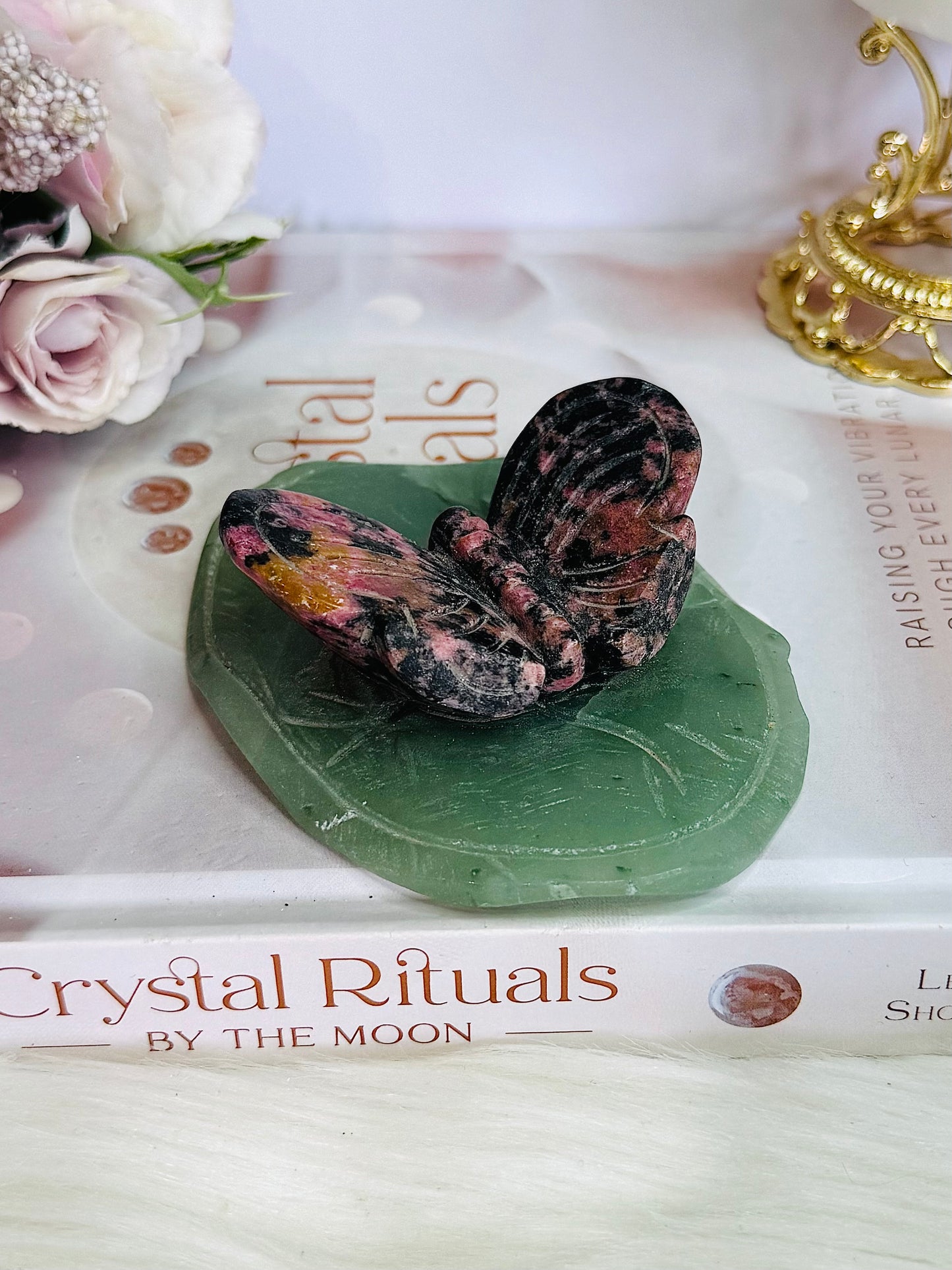 Beautiful Rhodonite Carved Butterfly On Green Aventurine Lillypad 10cm