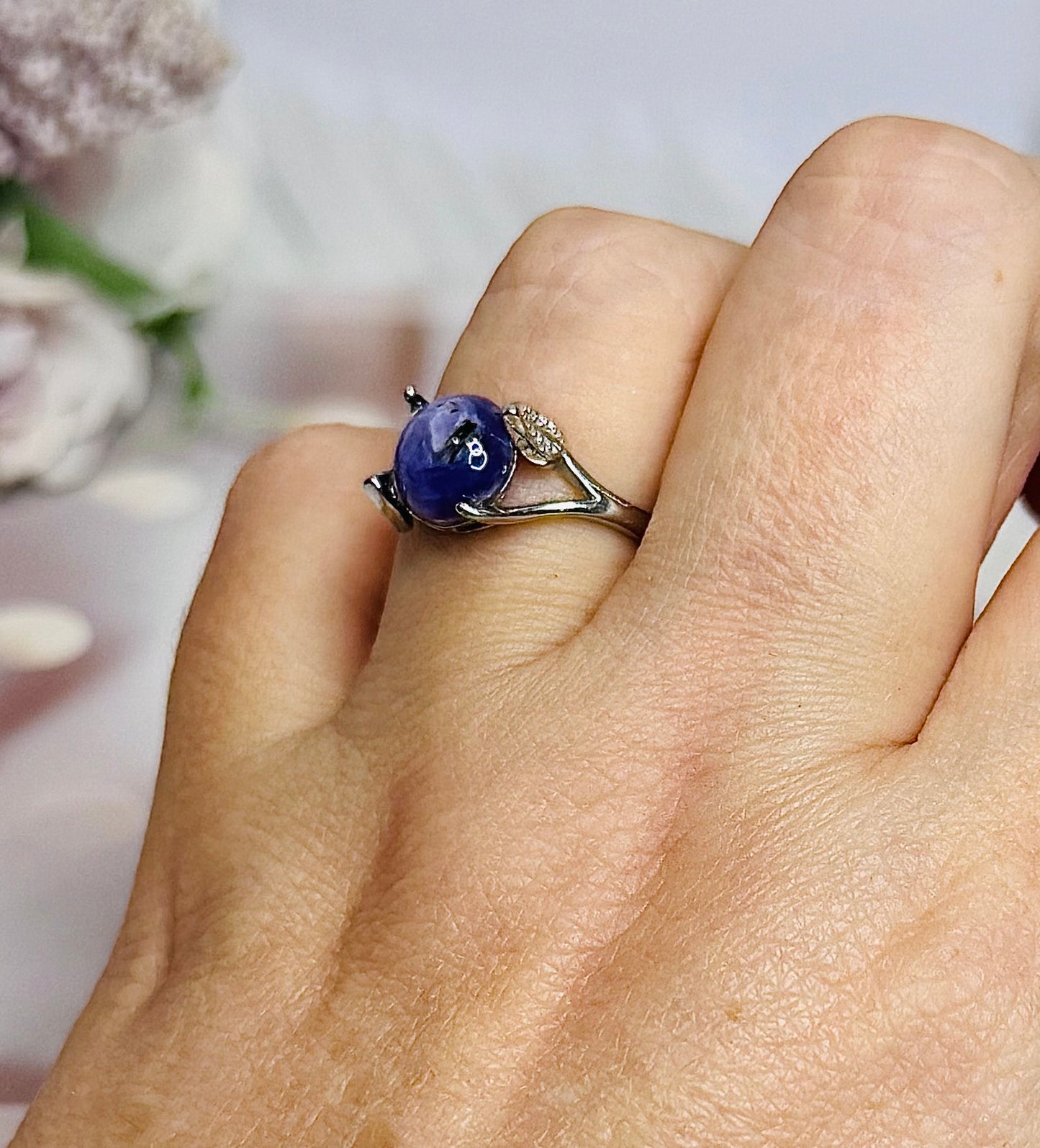 Purple Charoite Adjustable Silver Ring in Gift Bag
