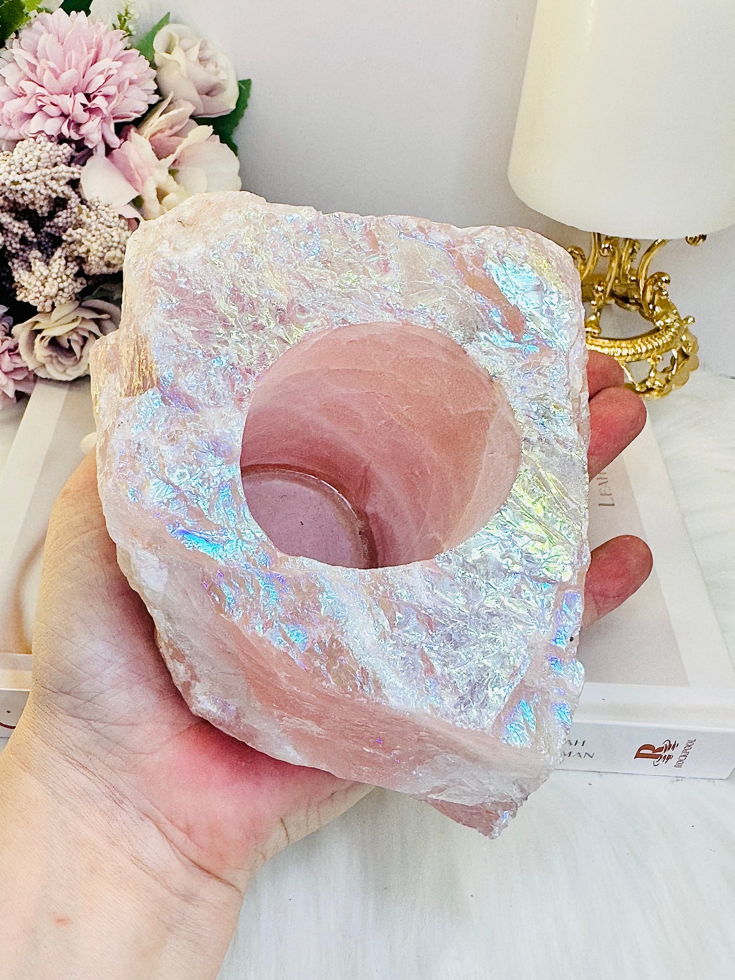 So Pretty!!!! Large Chunky 1.2KG 14cm Angel Aura Rose Quartz Candle Holder