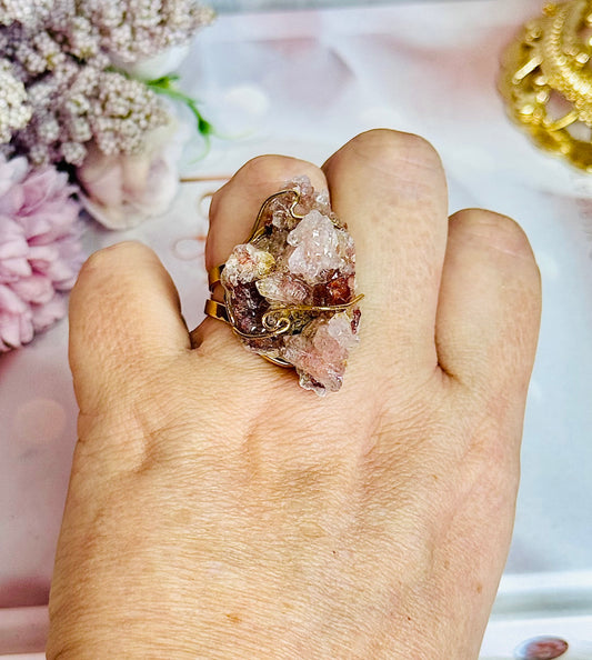 Pink Amethyst Cluster Gold Adjustable Ring In Gift Bag From Brazil