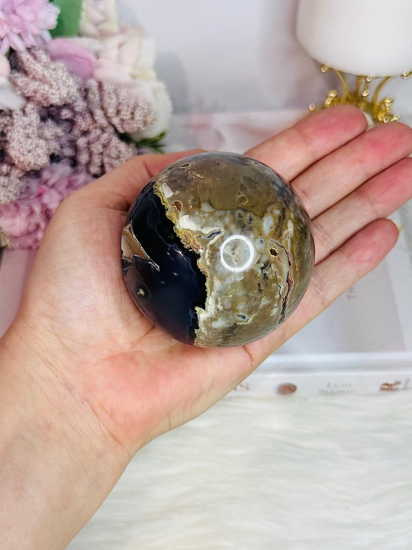 Natural Volcano Agate Druzy Sphere UV Reactive On Stand 363grams