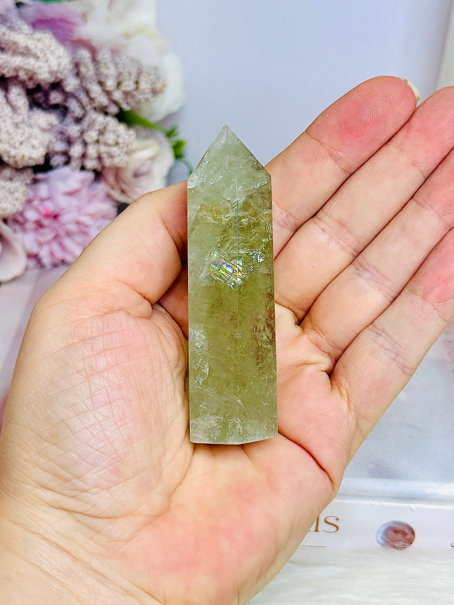 Natural Prasiolite | Green Amethyst Tower 8cm with Rainbows
