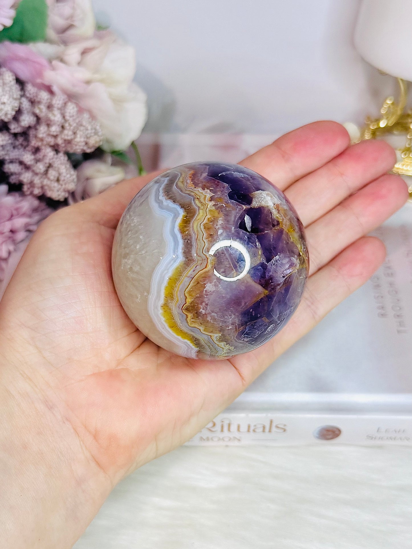 Amethyst X Agate High Grade Sphere on Stand 355grams