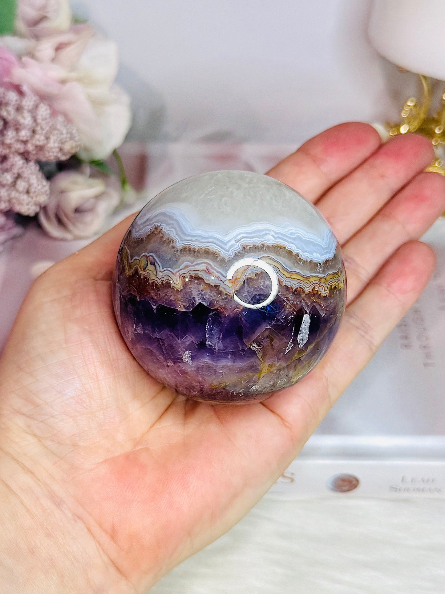 Amethyst X Agate High Grade Sphere on Stand 355grams