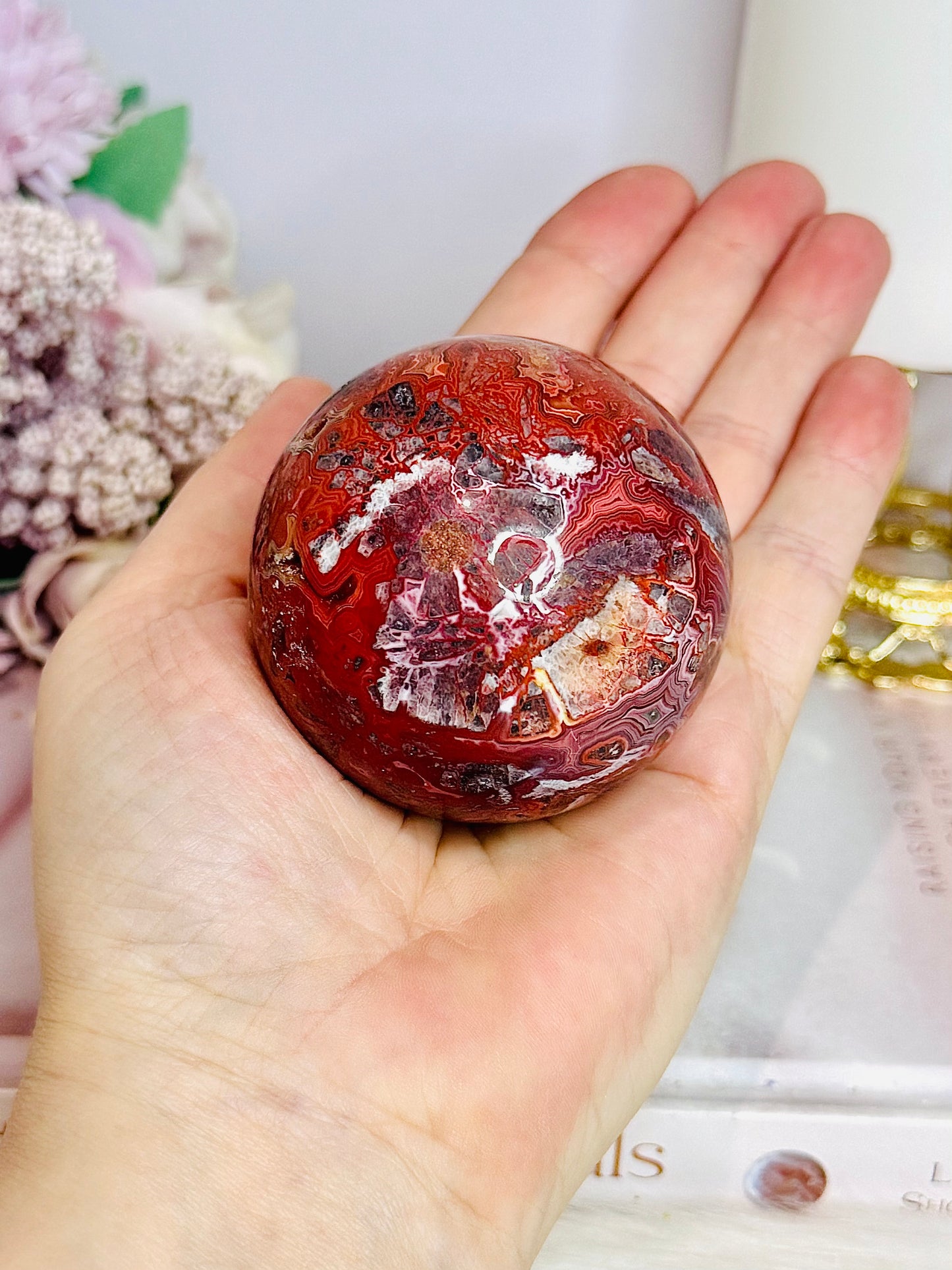 Red Mexican Lace Agate Sphere On Stand 258g