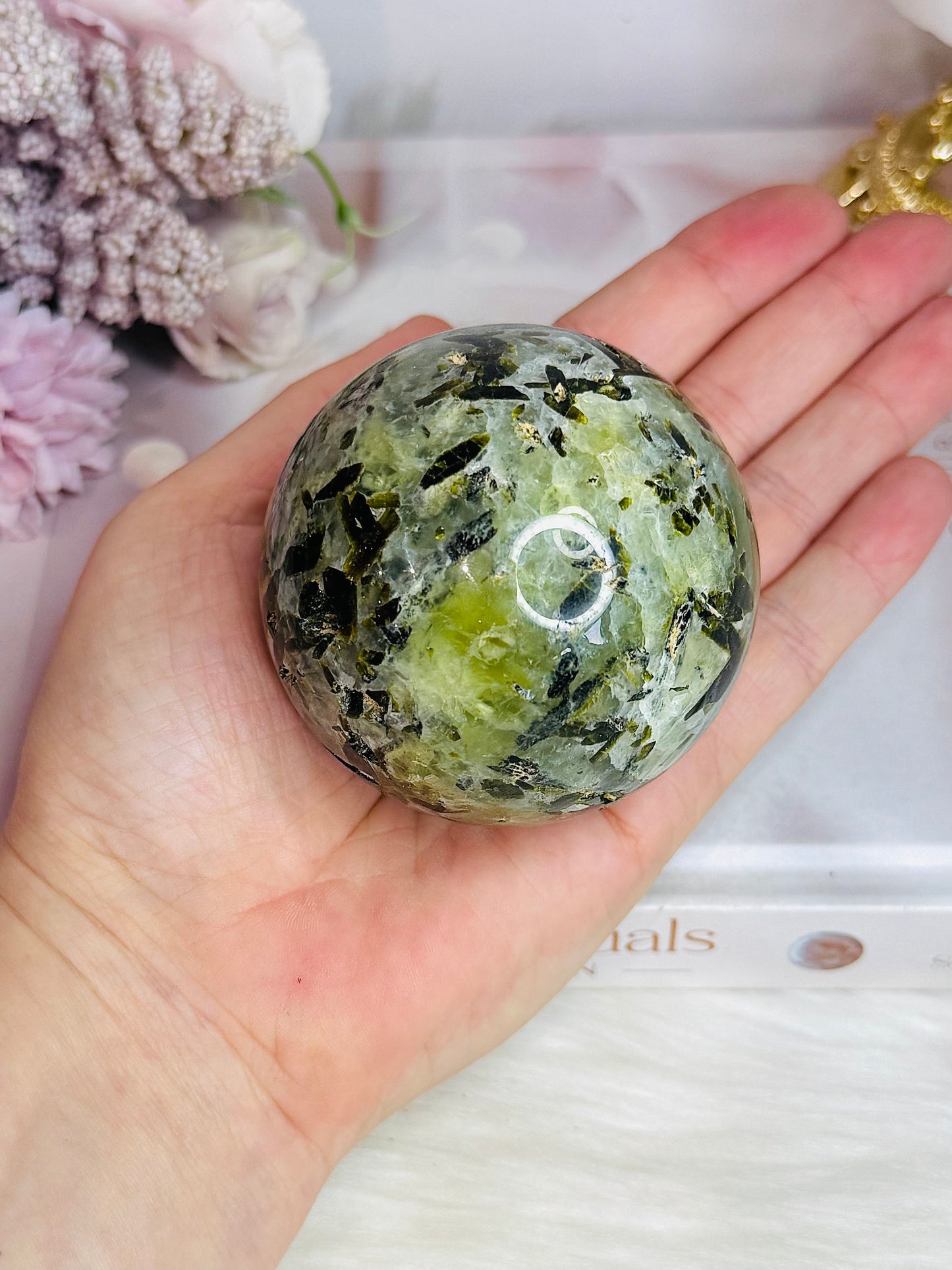 Large Prehnite with Epidote Sphere on Stand 412g (Sphere has an imperfection)