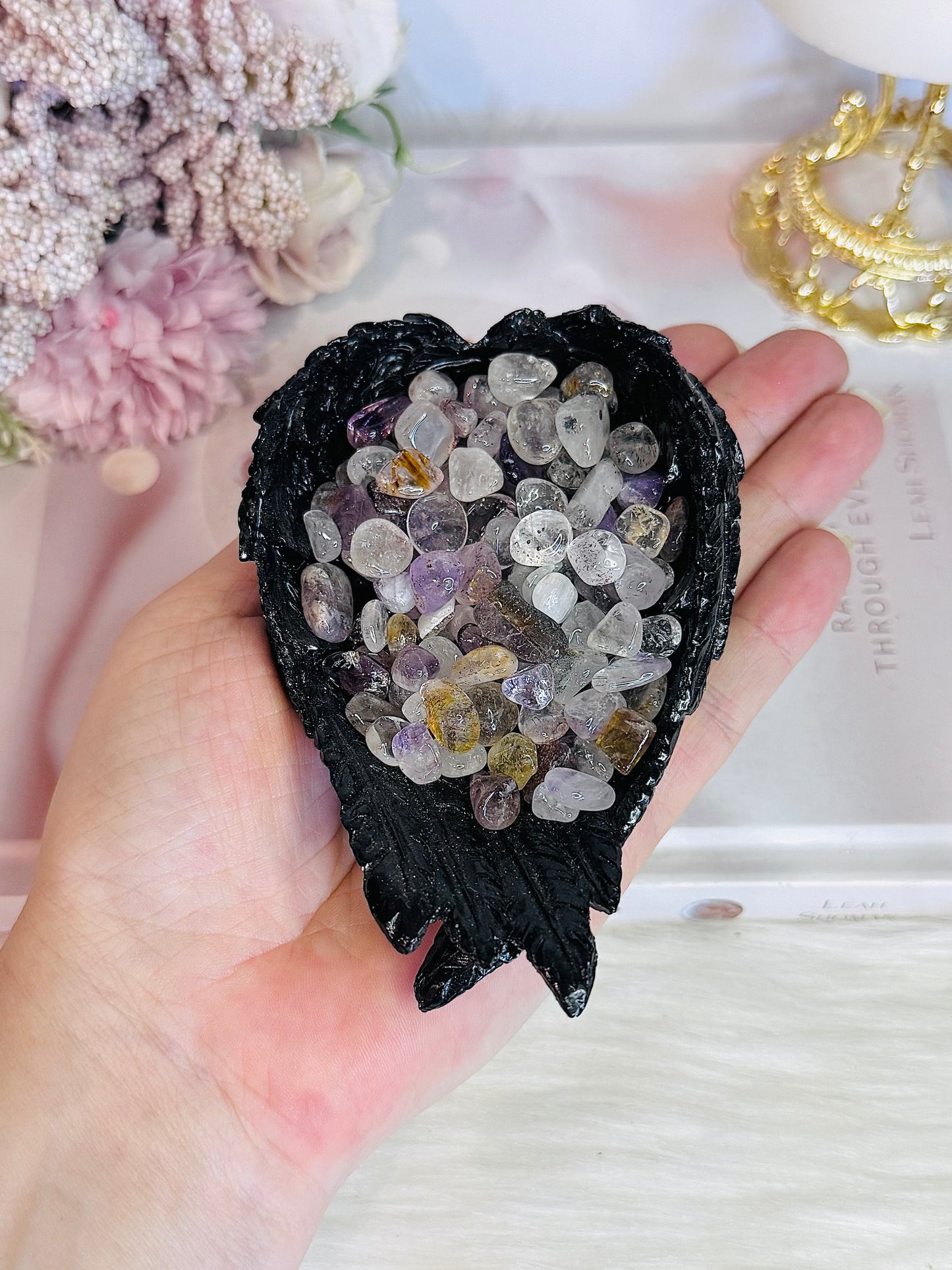 Beautiful Black Angel Wings Filled with Gorgeous Super Seven Chips