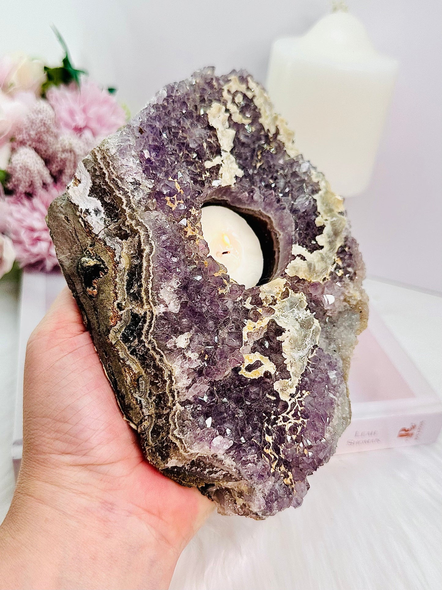 Large 1.26KG 20cm Amethyst Cluster Candle Holder With Calcite Inclusions From Brazil