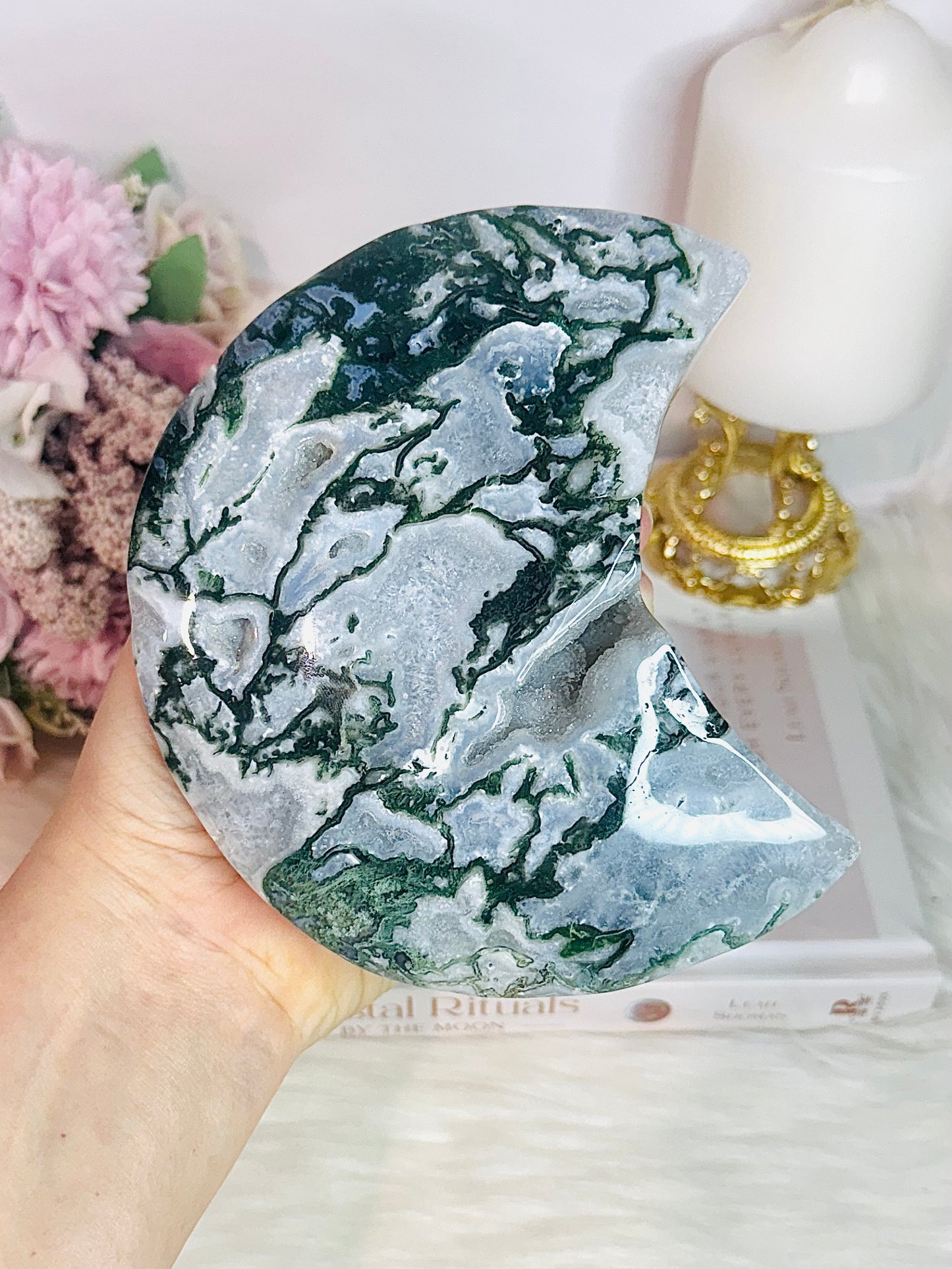 Huge Moss Agate Druzy Carved Moon On Stand 22cm
