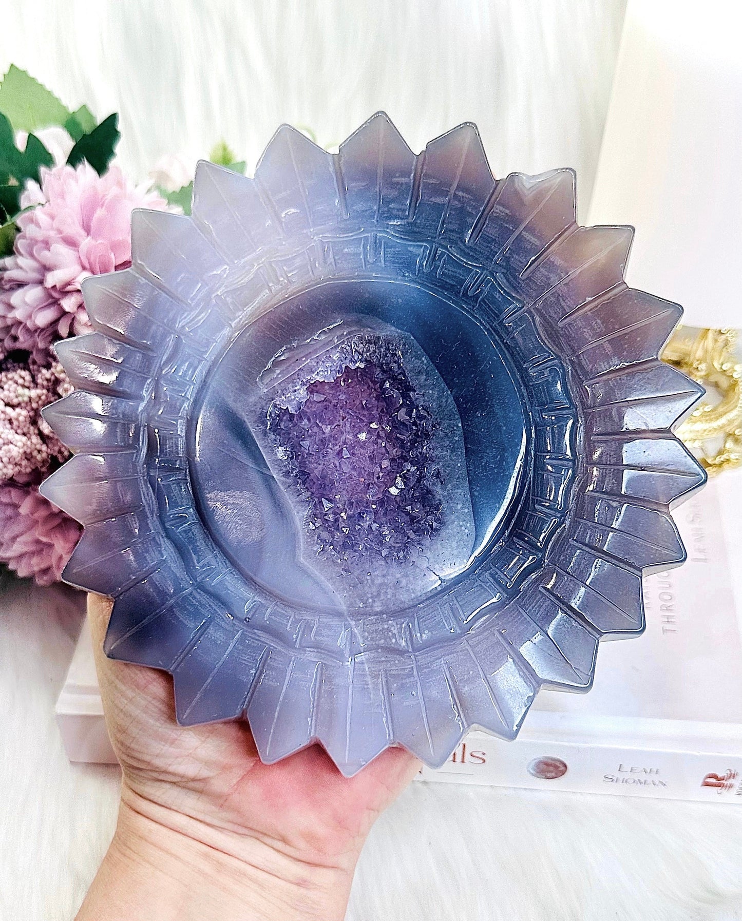 WOW!! Absolutely Phenomenal Gorgeous Large Amethyst Druzy Agate Sunflower Carving On Stand - 781grams 27cm Tall