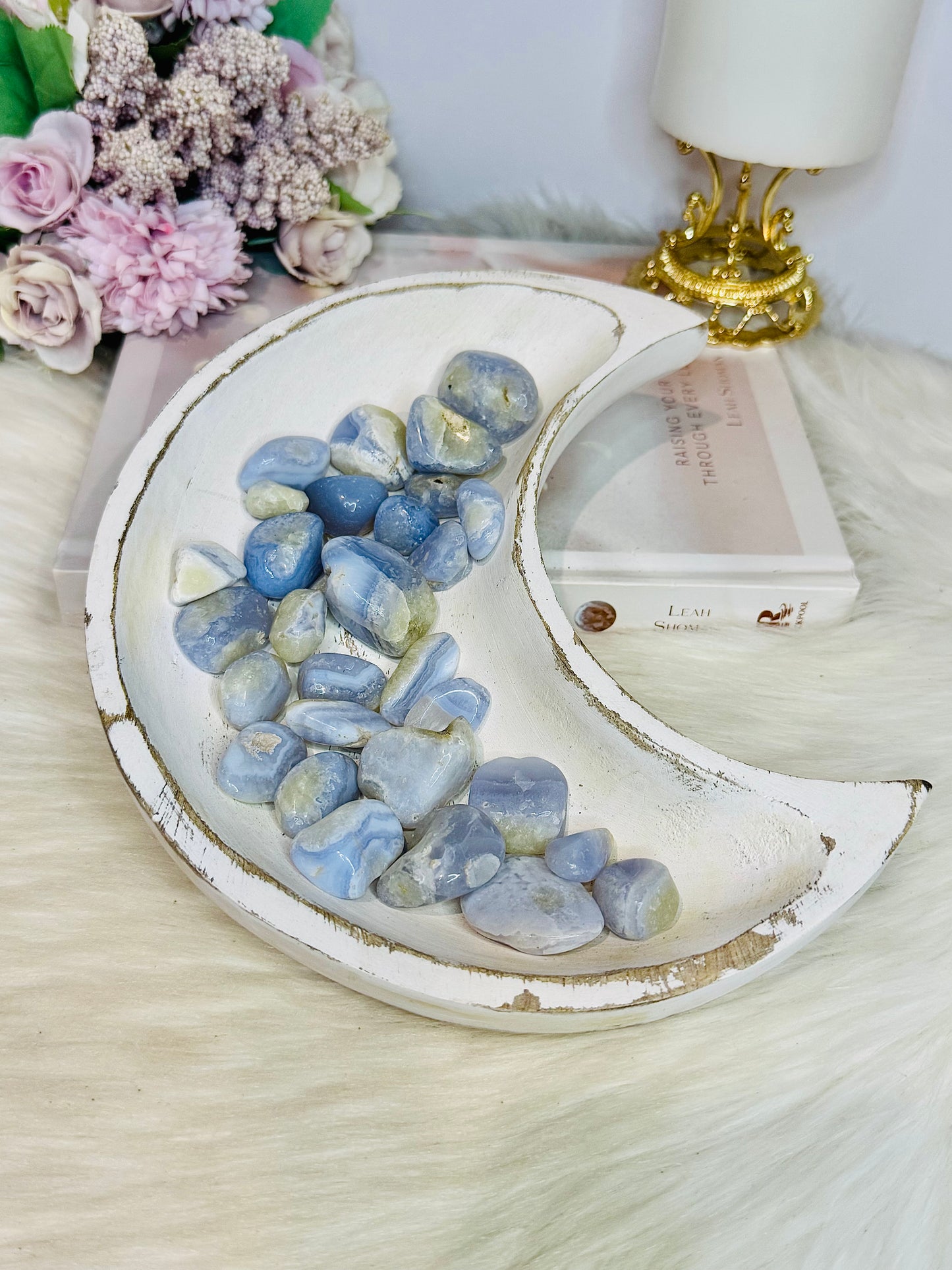 Large Timber Moon Bowl 20cm Filled with Blue Lace Agate Tumbles