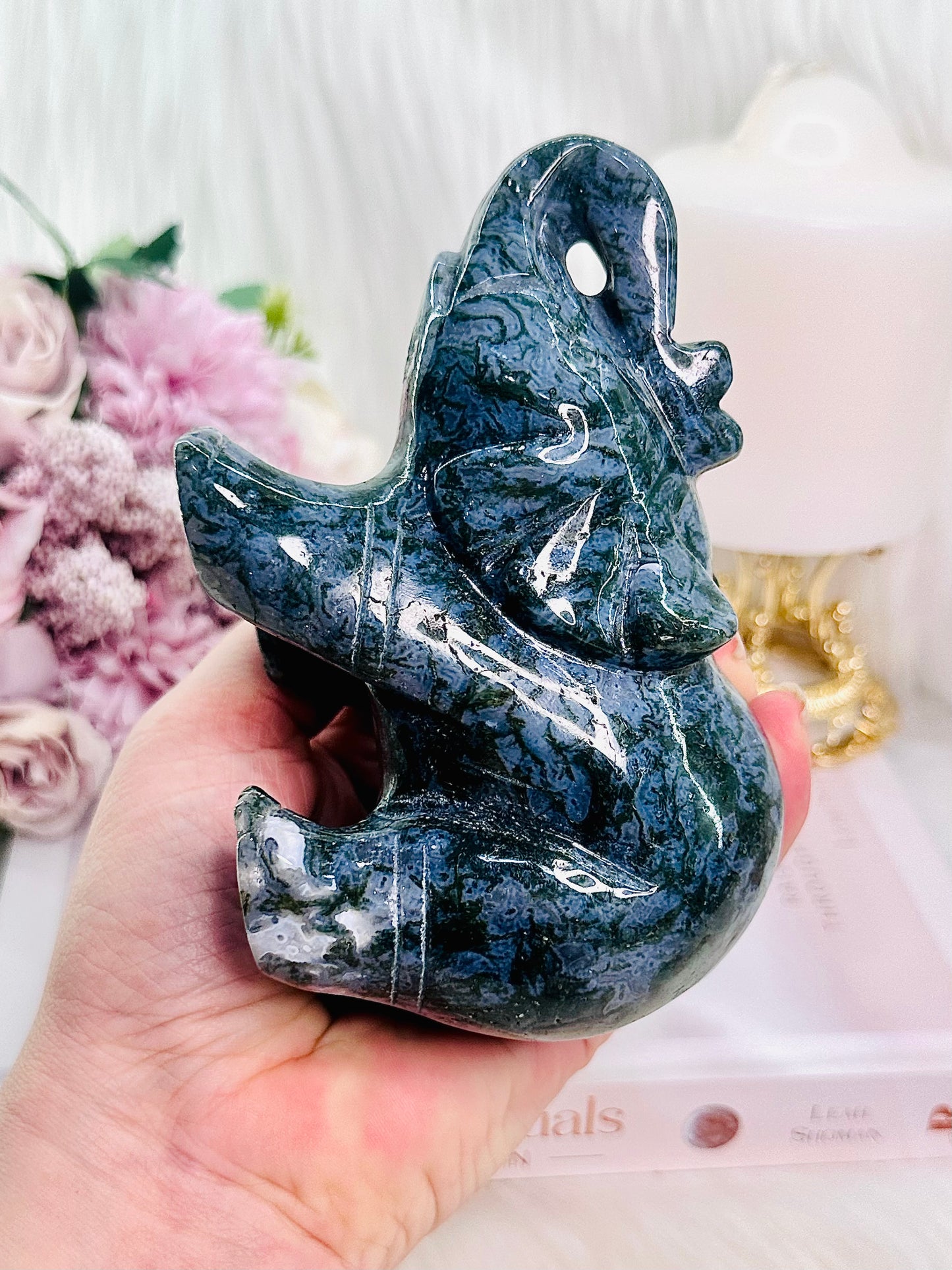 Large 635gram 13cm Blue & Green Moss Agate Carved Elephant