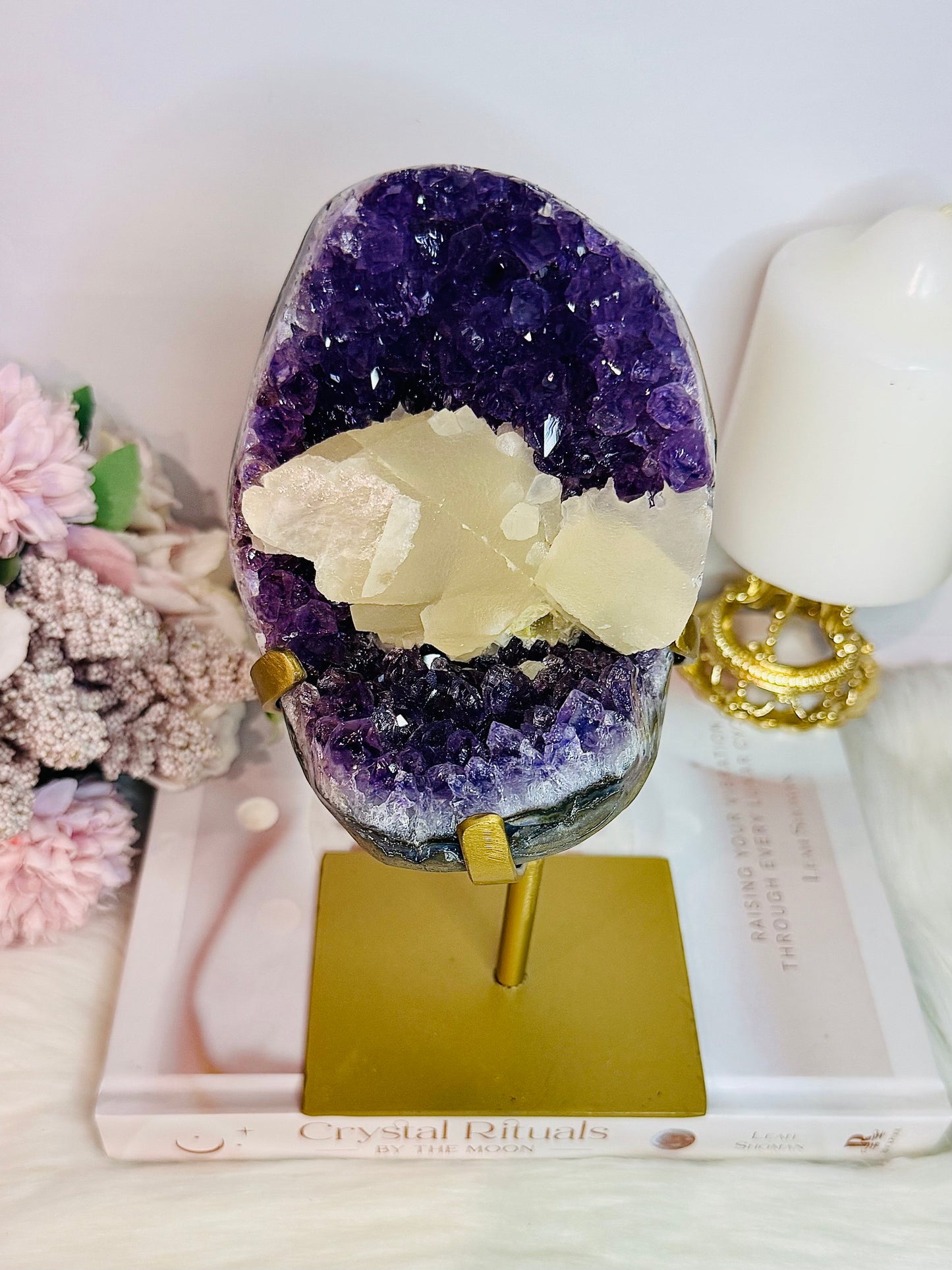 Huge Stunning High Grade Deep Purple Amethyst Cluster with Calcite Inclusion On Gold Stand 21cm 1.5KG