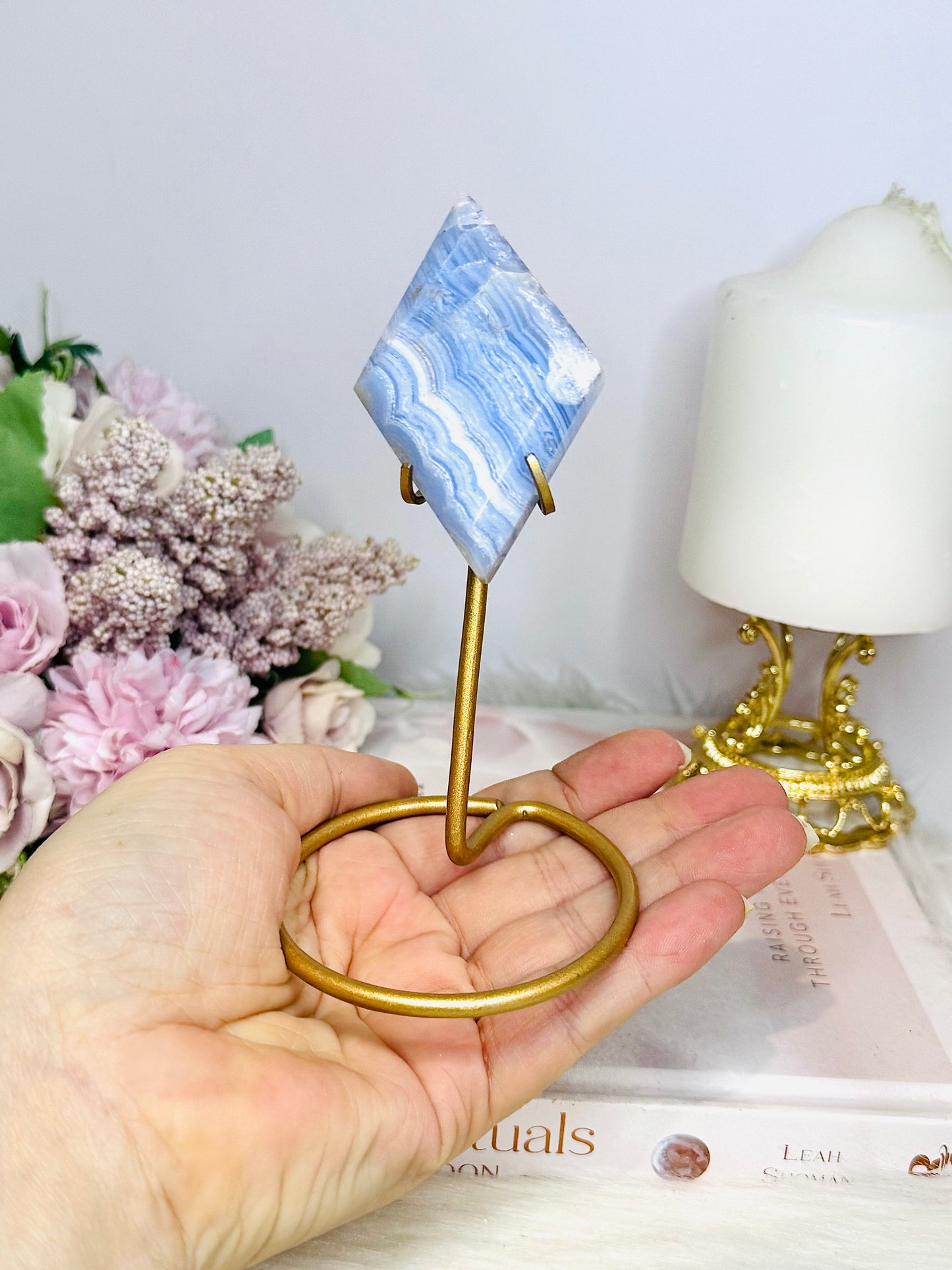 High Grade Blue Lace Agate Carved Diamond On Gold Stand 13.5cm