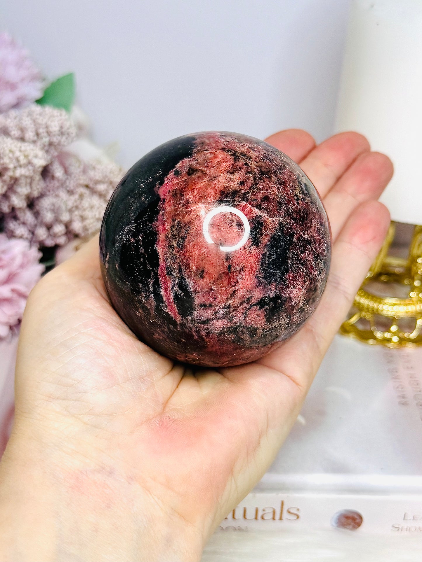 Large Rhodonite Sphere on Stand 626g