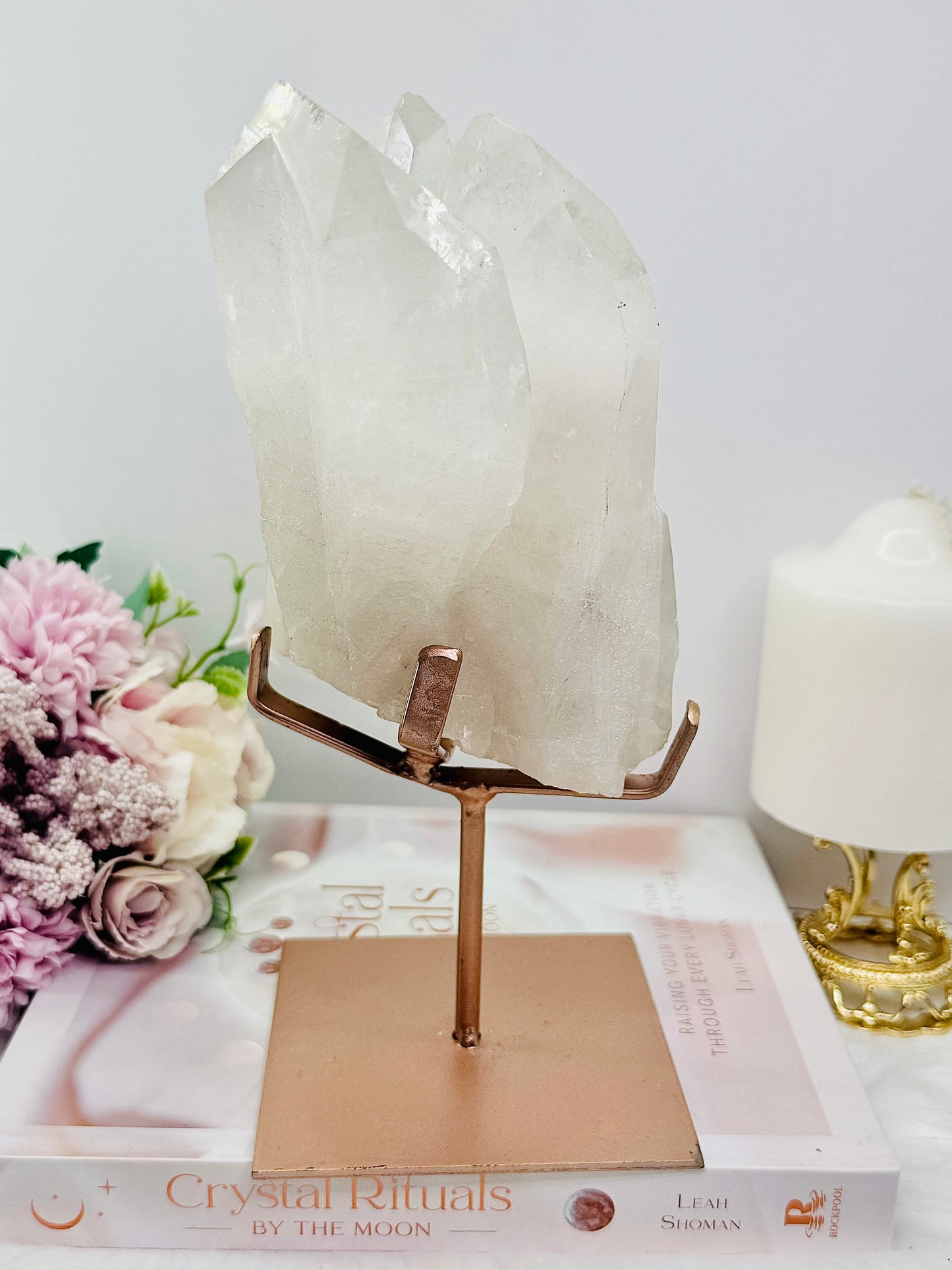 Incredible Large 1.6KG 23cm Natural Clear Quartz Specimen on Rose Gold Custom Stand From Brazil