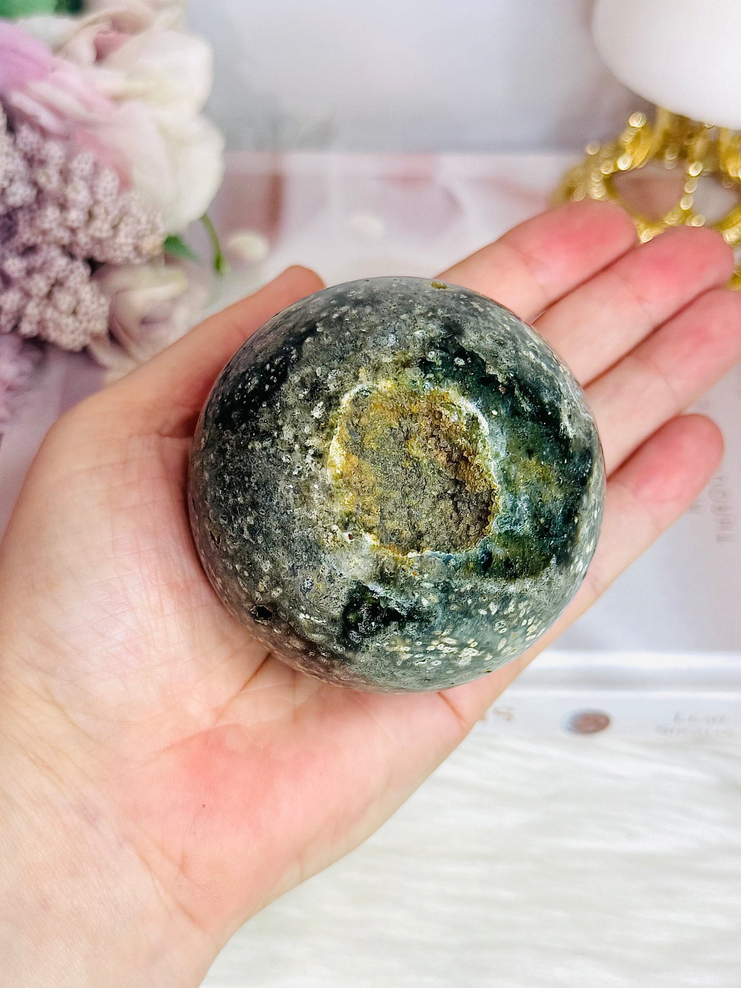 Orbicular Ocean Jasper Druzy Sphere on Stand 418g