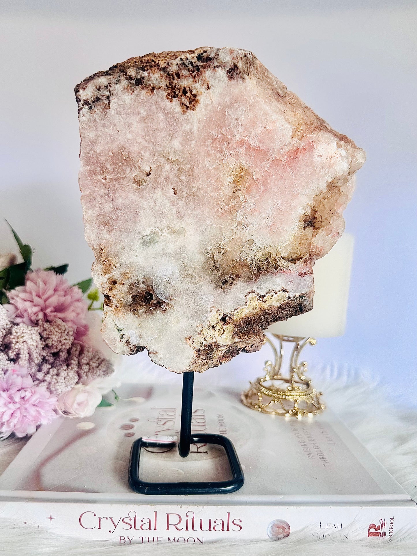 Large Chunky 22cm 1.09KG Pink Amethyst Druzy Slab On Stand