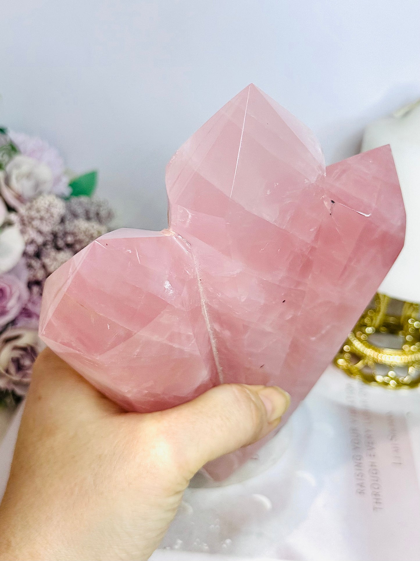 Huge High Grade Rose Quartz Carved Triple Tower on Stand 1.2KG 19cm