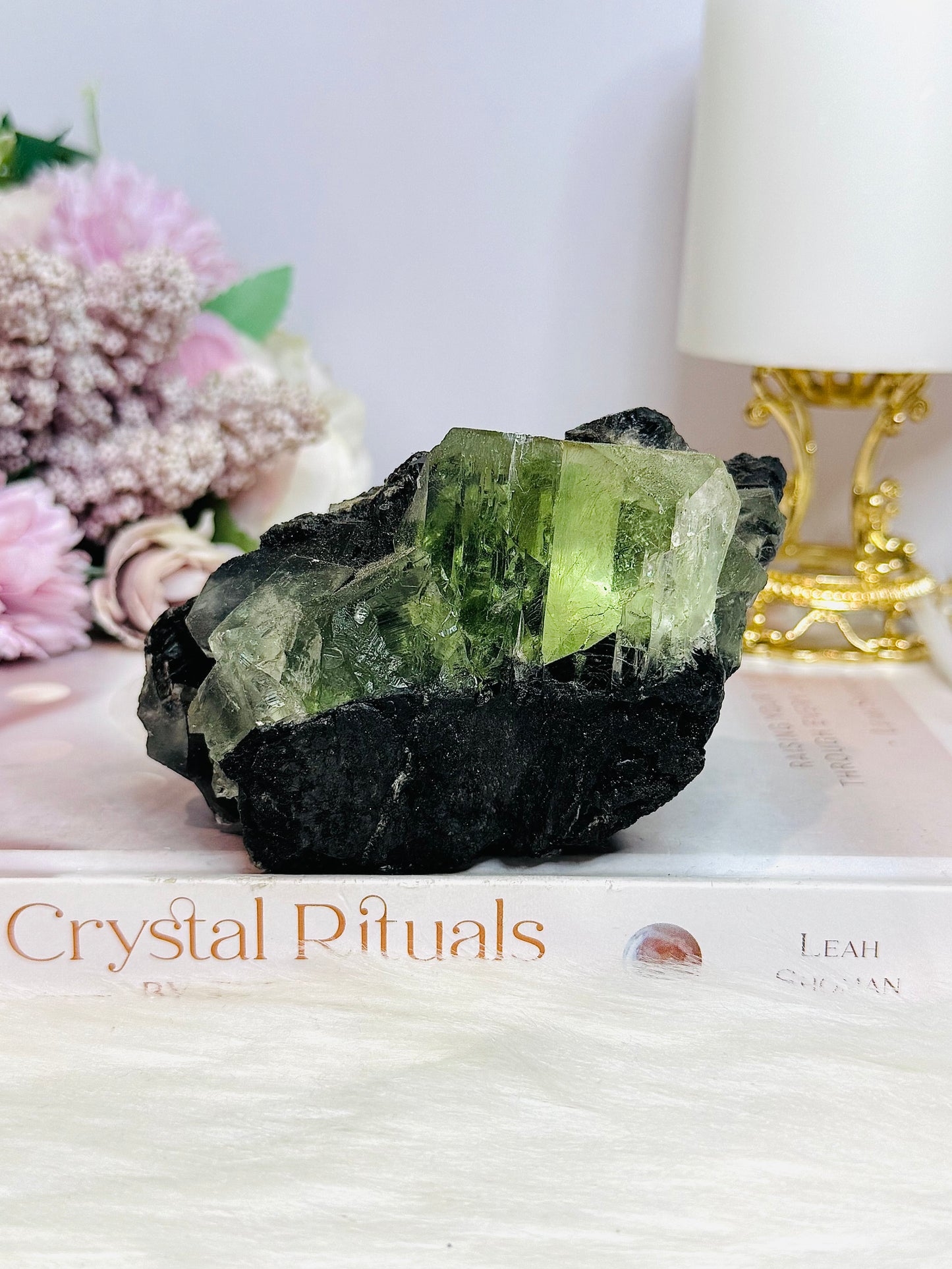 High Grade Transparent Green Fluorite Specimen on Matrix 505g