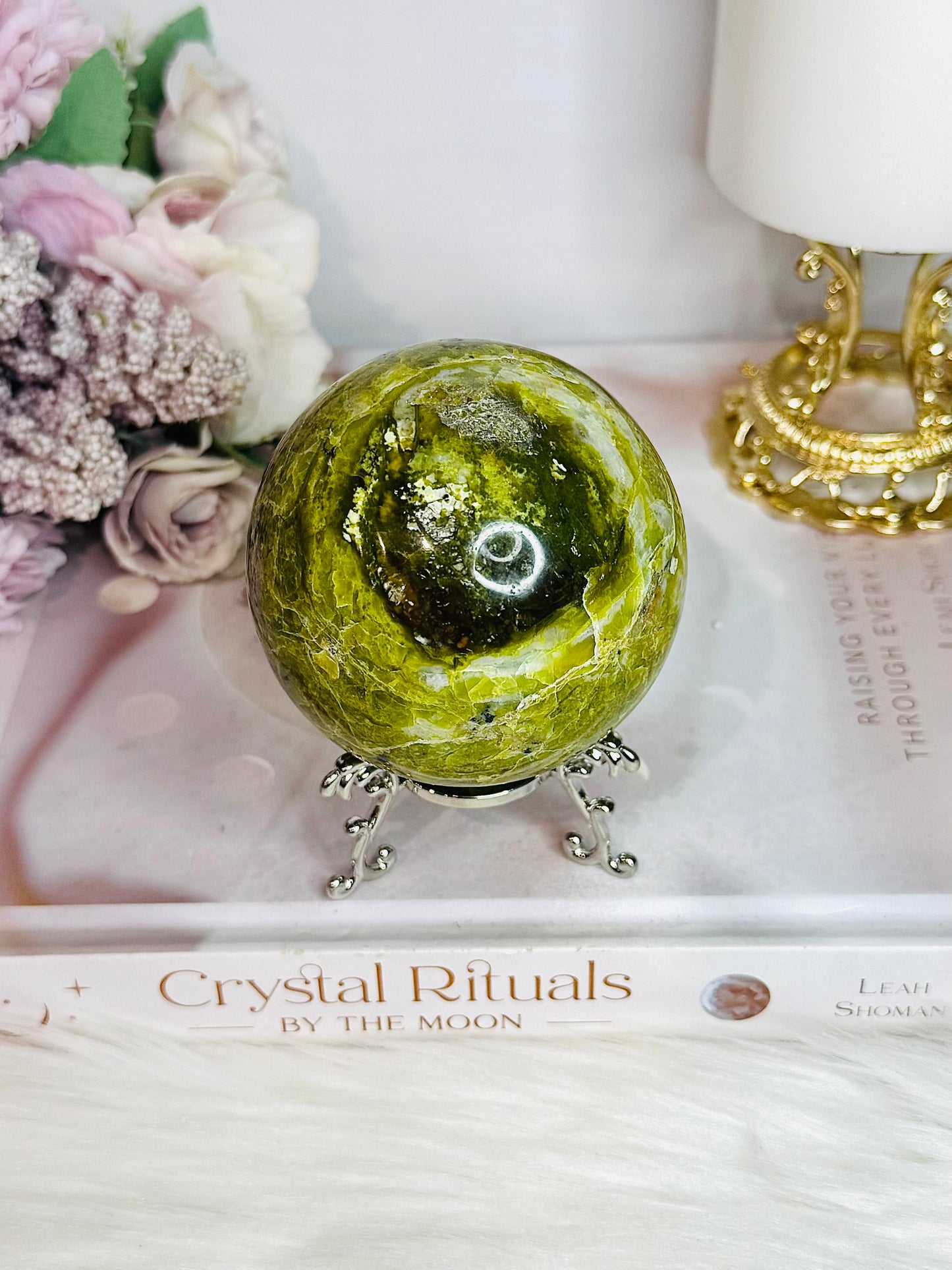 Large Green Opal Sphere On Stand 376g