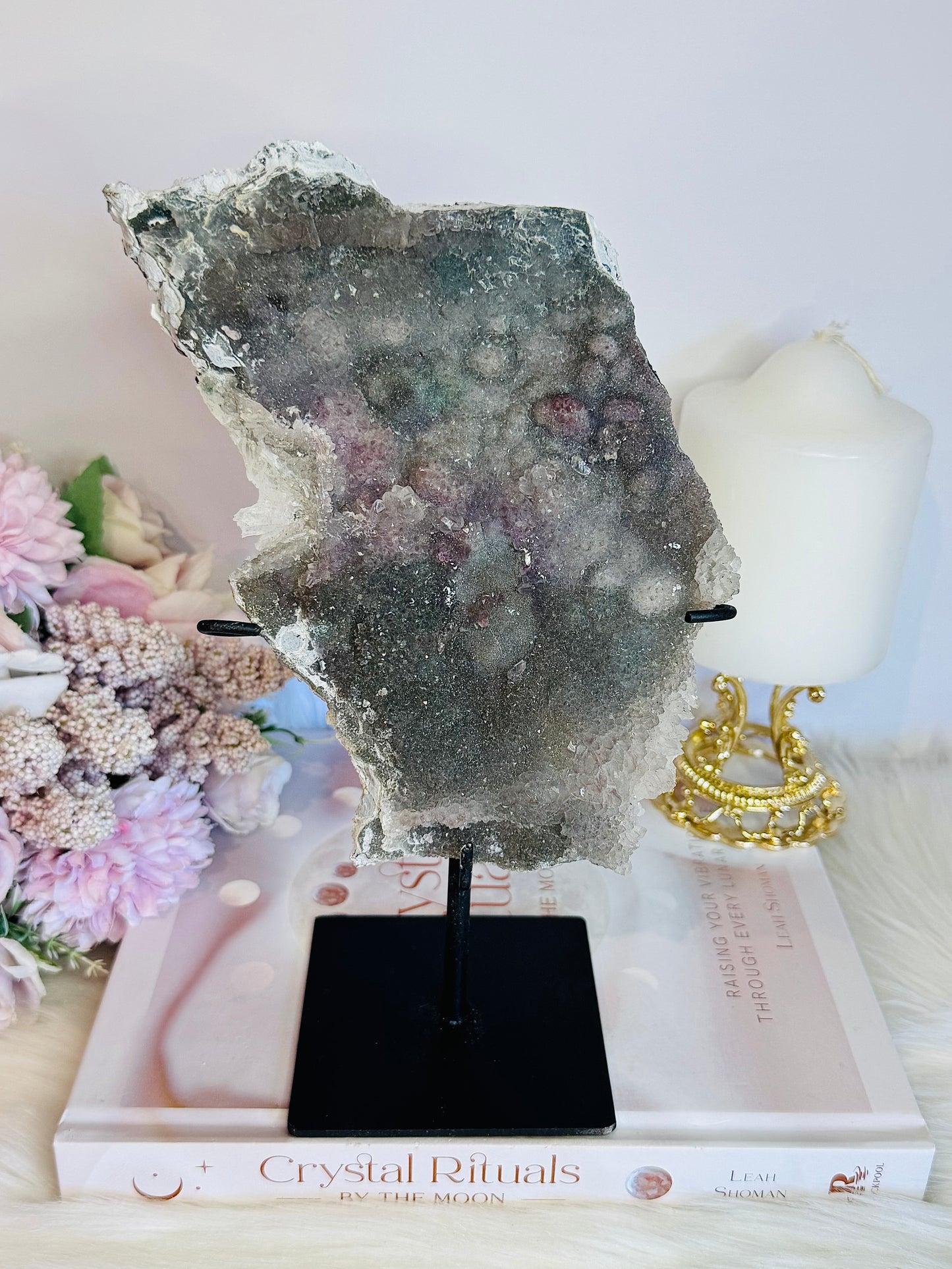 Beautiful Natural Zeolite | Flower Amethyst Slab on Custom Made Stand 22cm (Inc Stand)