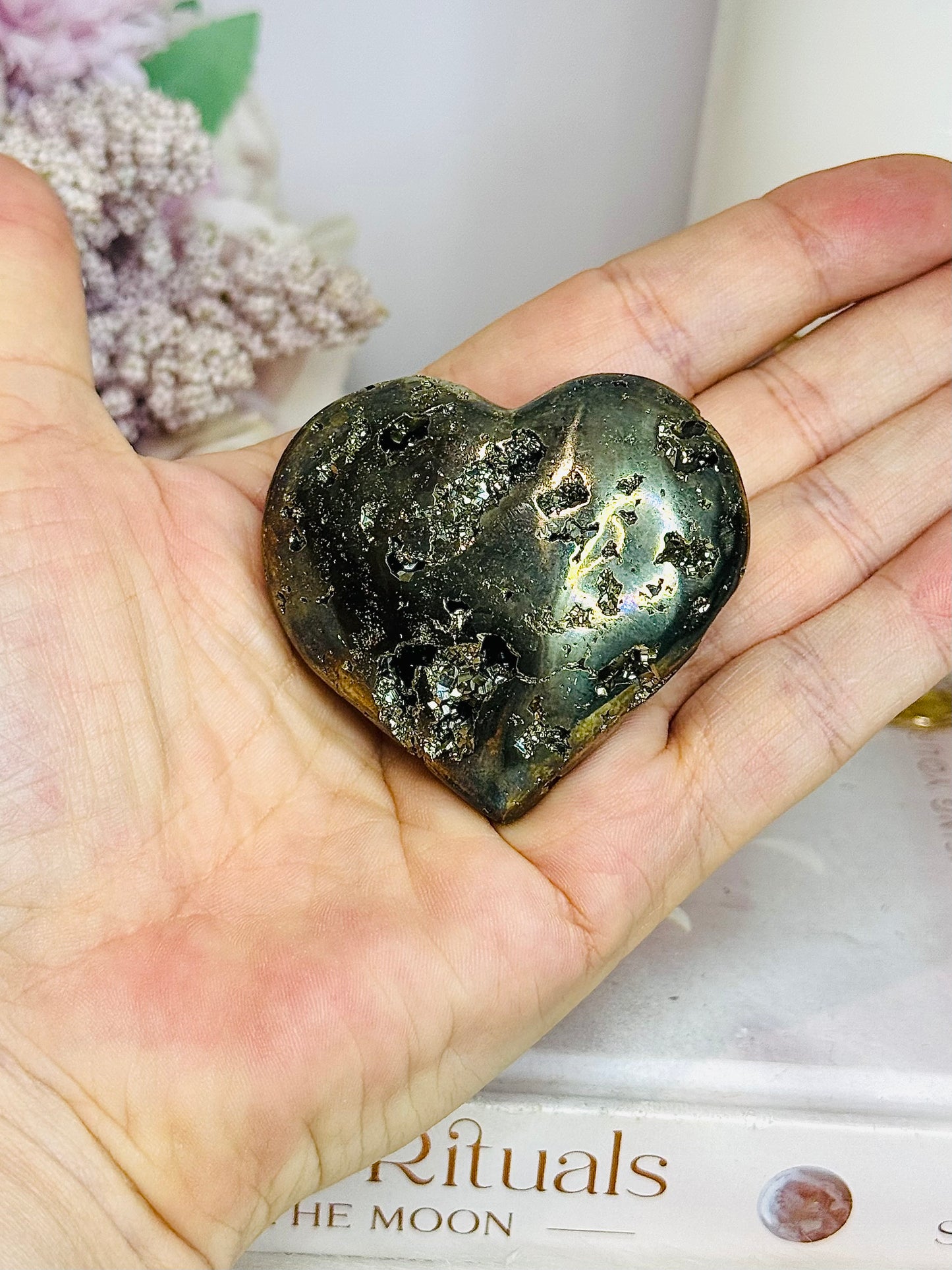 Druzy Pyrite Carved Heart on Stand 123g