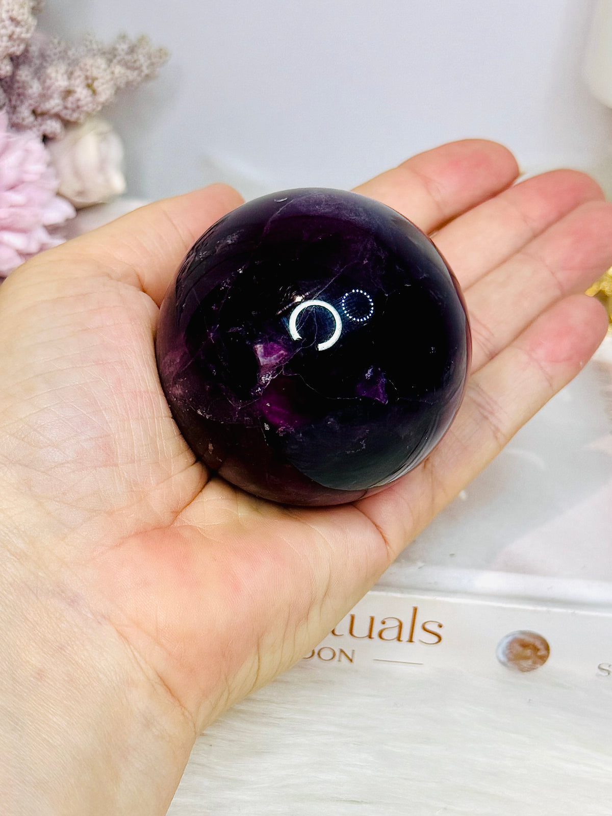 Large High Grade Purple Fluorite Sphere with Rainbows 336g