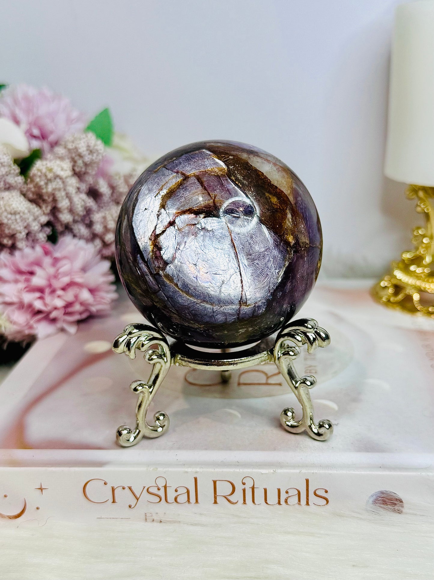 Large High Grade Purple Mica Sphere 448g On Stand