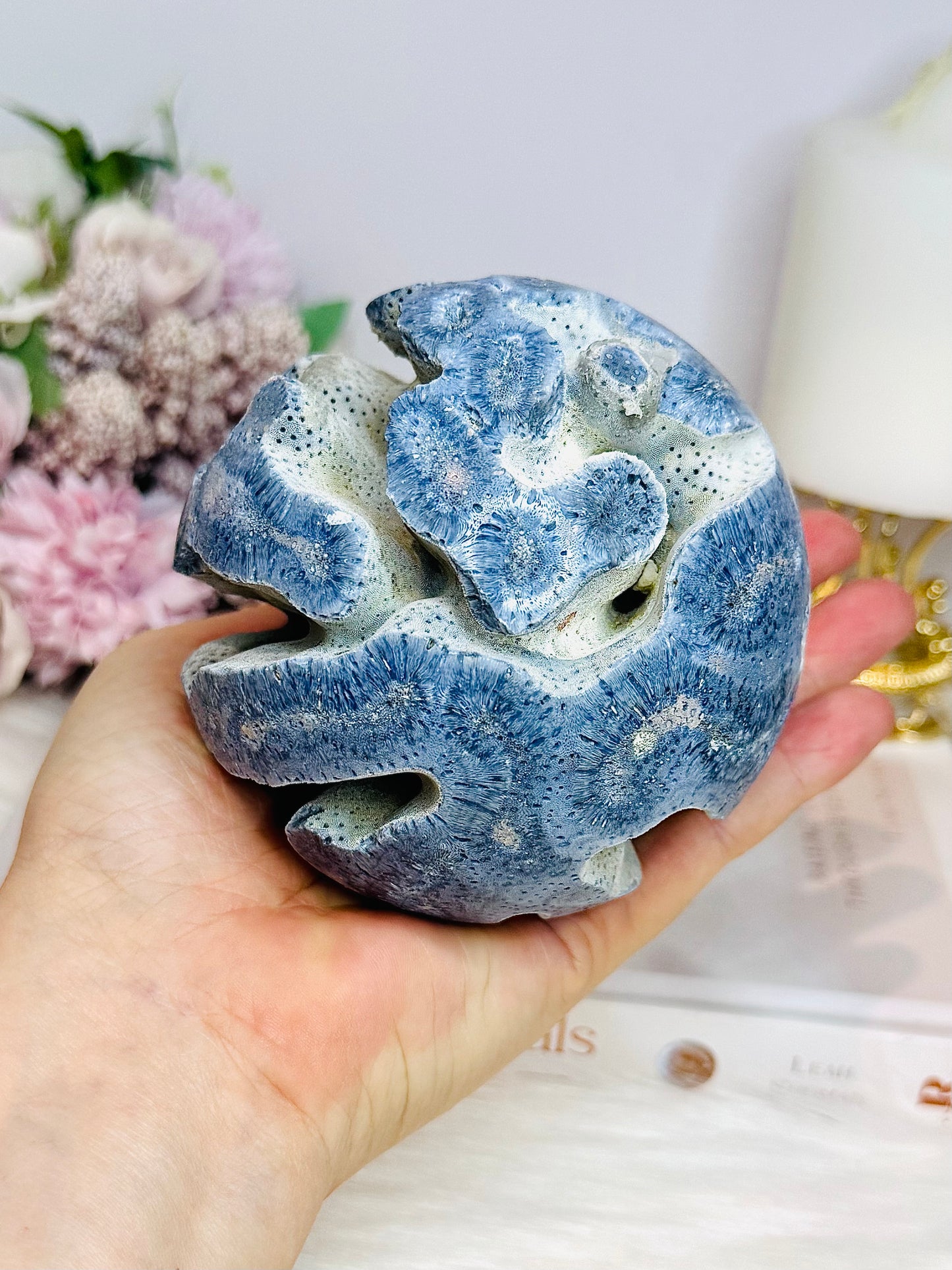 Rare Natural Large Blue Coral Fossil Sphere 732g