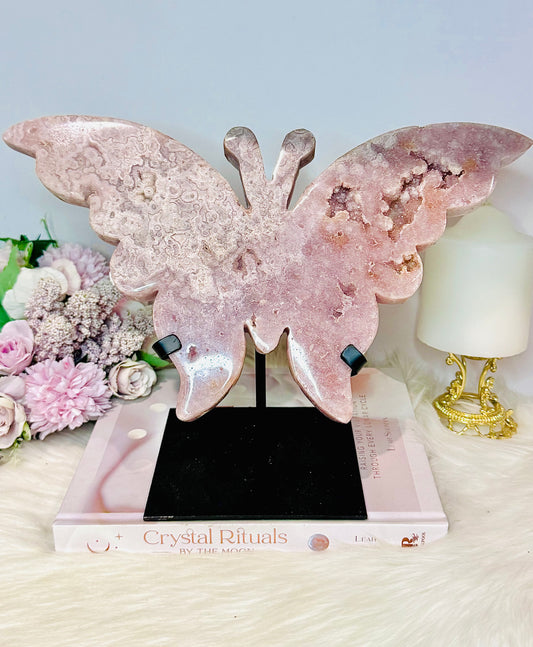 Huge Pink Amethyst Chunky Druzy Butterfly Carving On Stand 29cm Wide x 20cm Tall 1.3KG