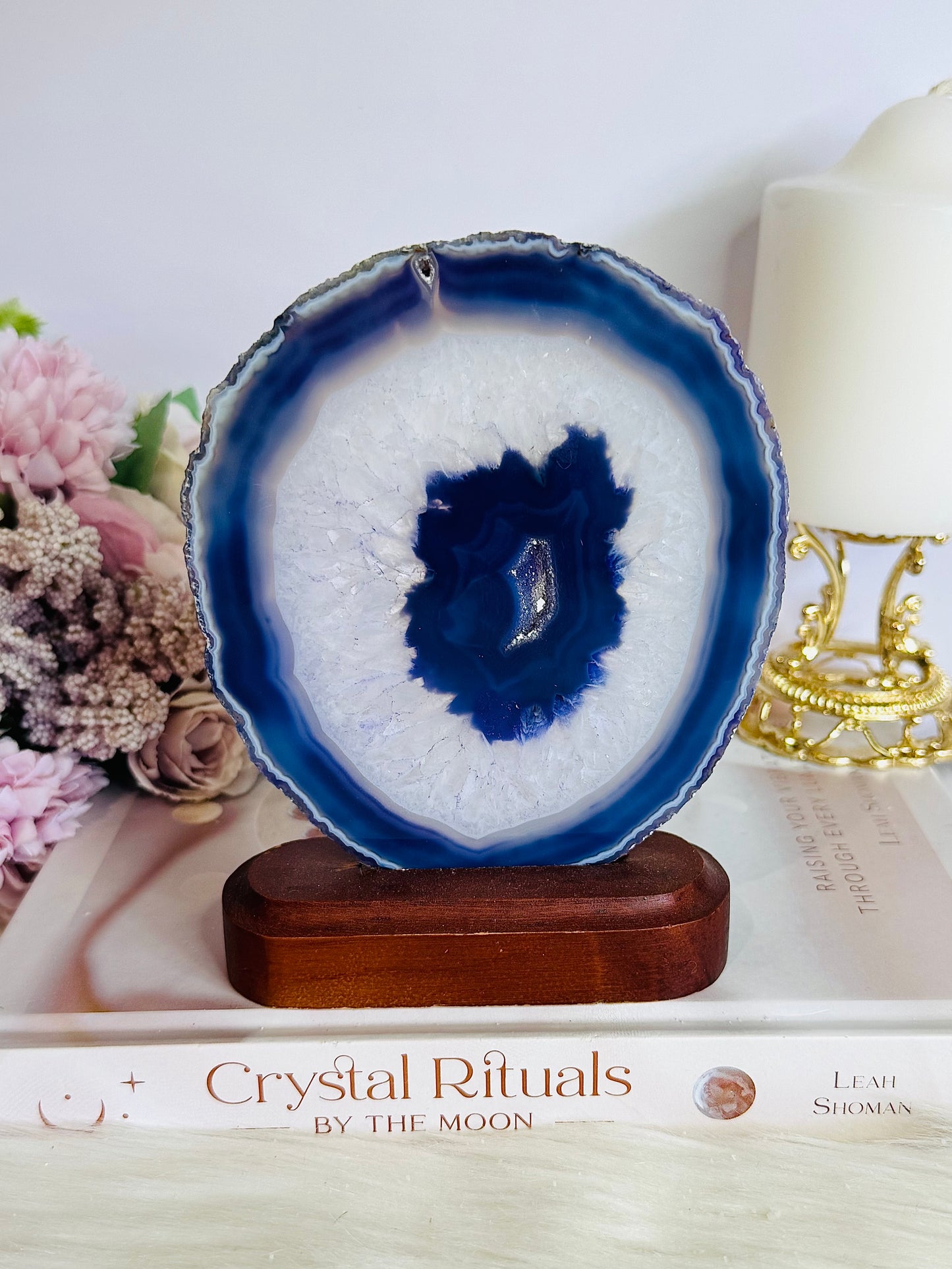 Large 13.5cm Purple Dyed Agate Slice On Timber Stand From Brazil