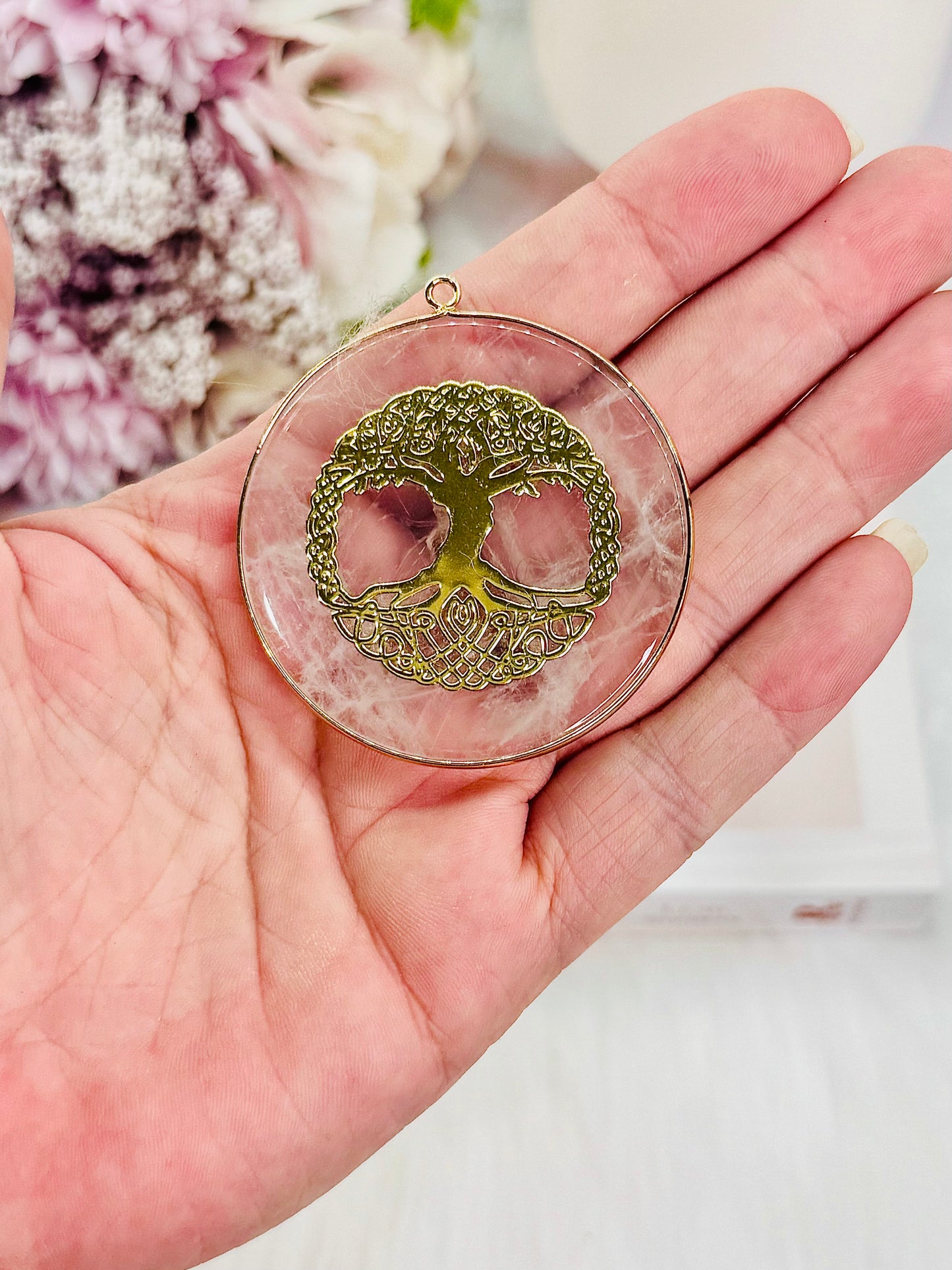 Self Love ~ Beautiful Rose Quartz Pendant with Gold Tree of Life Print In Gift Bag