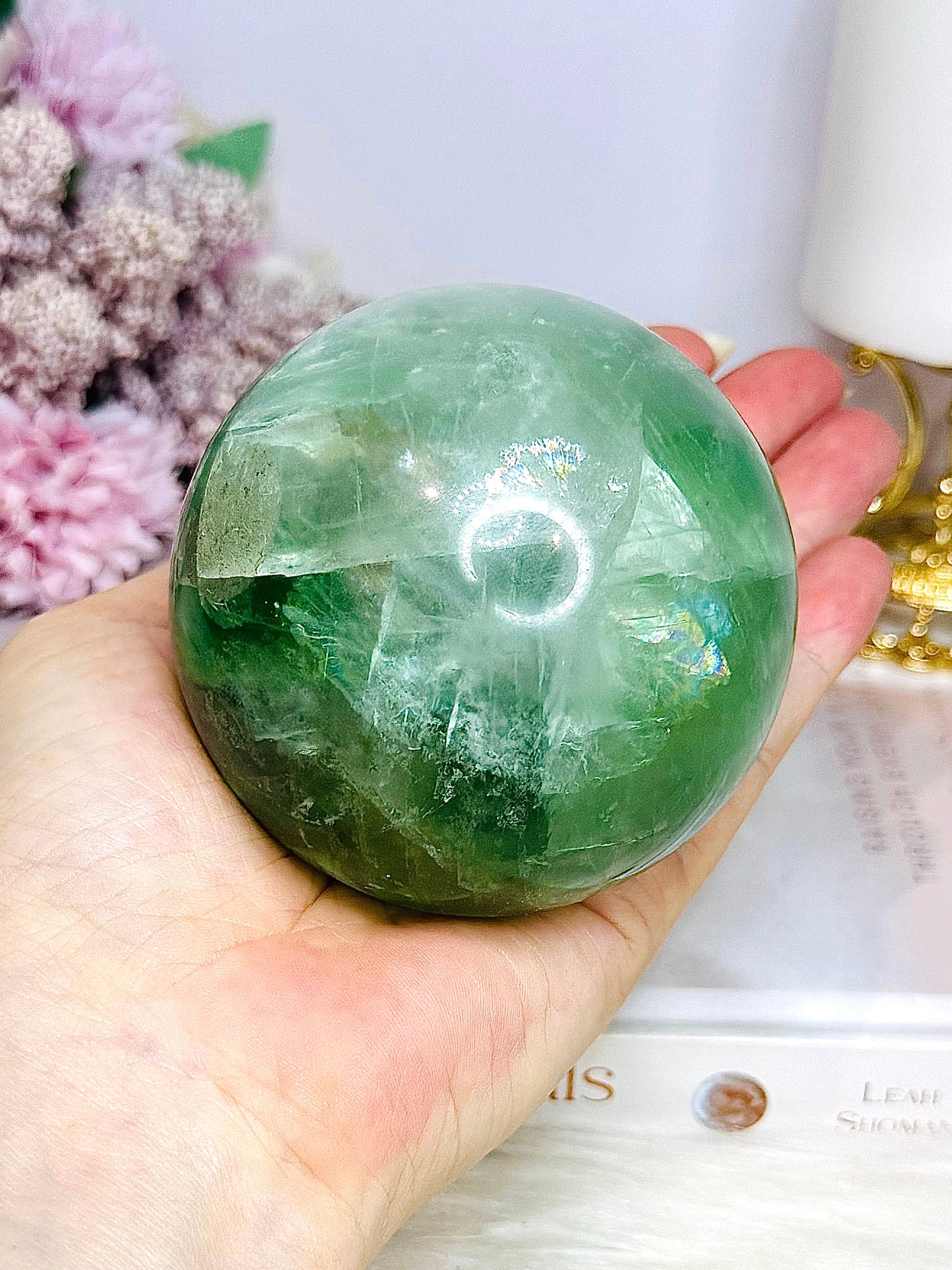 Large Green Fluorite Sphere Full of Rainbows 777g