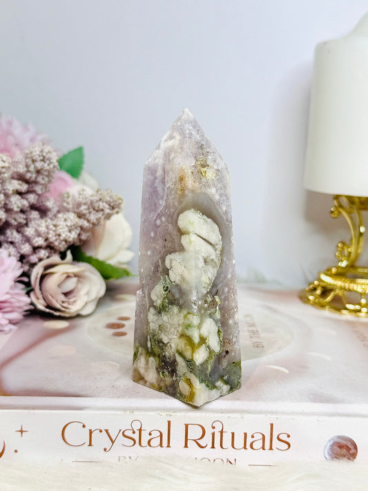 Pink Amethyst X Green Flower Agate Tower 10cm