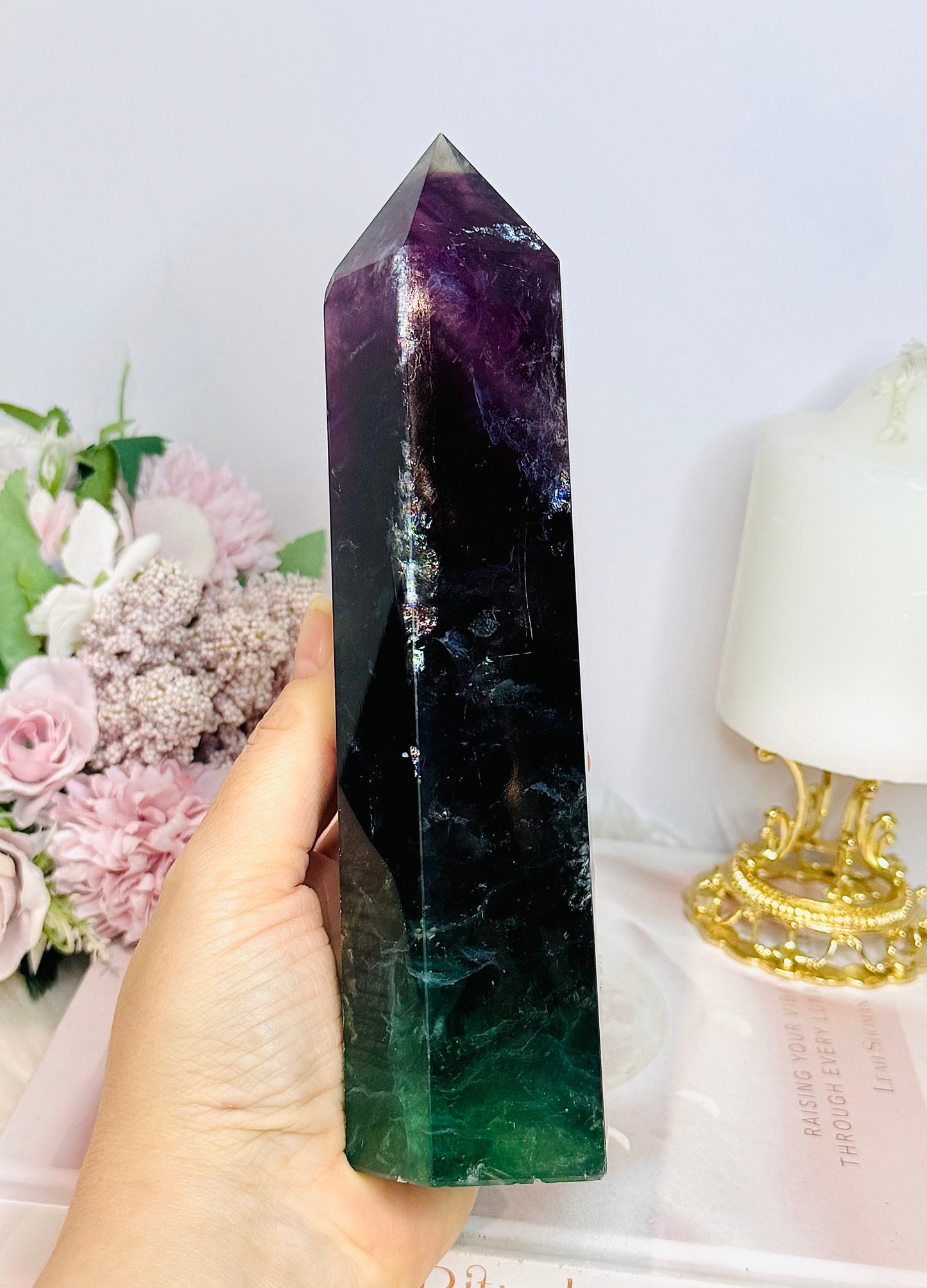 Large Purple & Green Chunky Fluorite Tower with Rainbows 19.5cm 943g