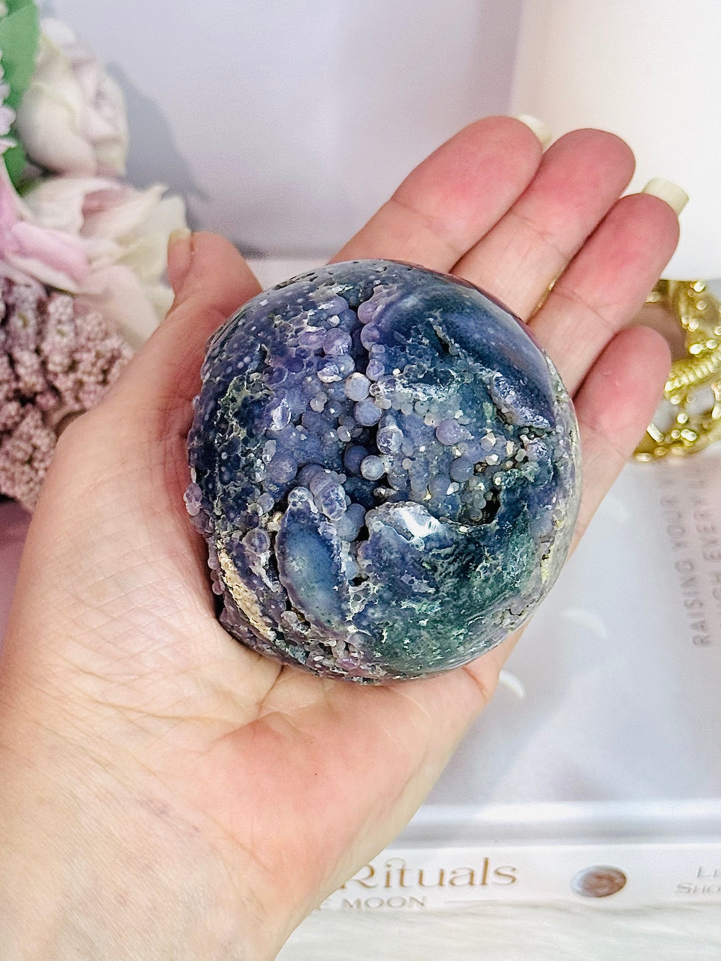 Phenomenally Gorgeous Natural Large Grape Agate Sphere 374grams On Stand