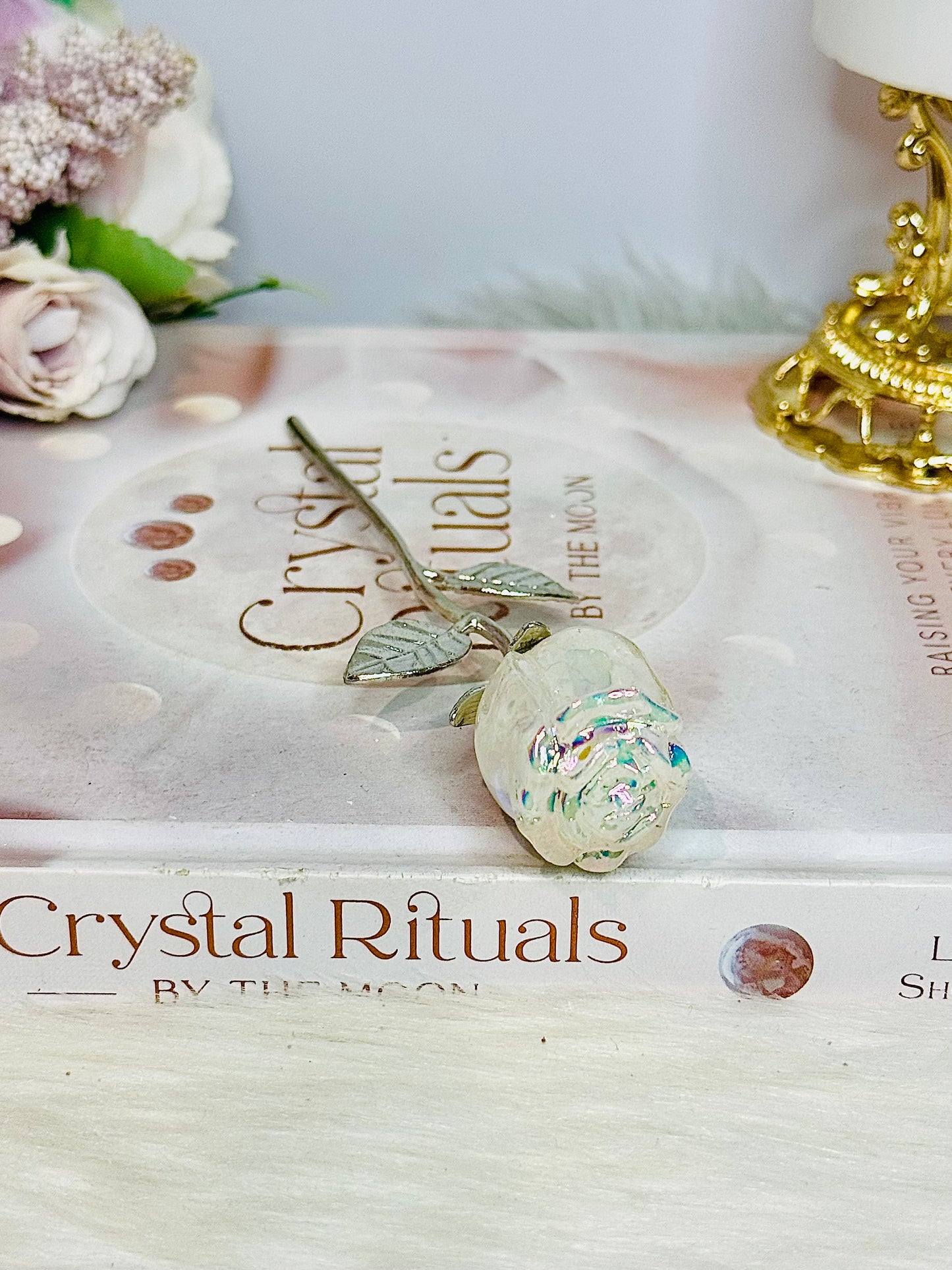 Angel Aura Clear Quartz Rose with Silver Stem 15cm