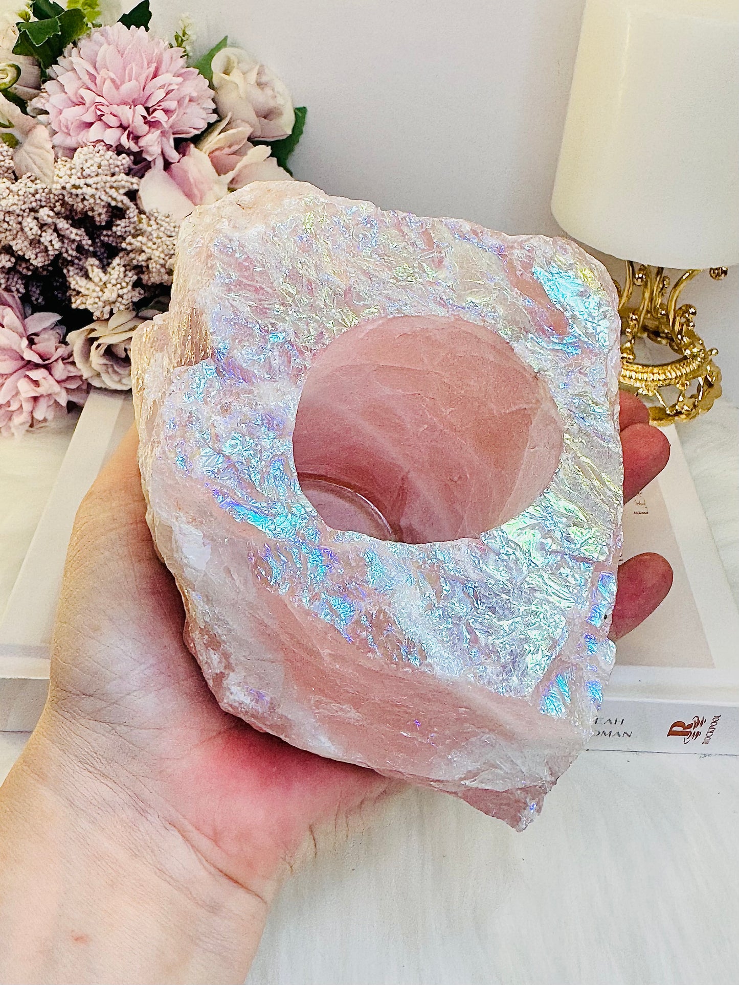 So Pretty!!!! Large Chunky 1.2KG 14cm Angel Aura Rose Quartz Candle Holder