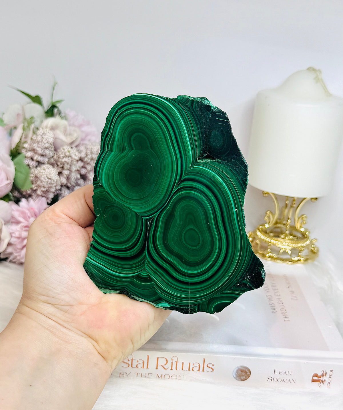 Large Thick Natural AAA Malachite Slab From Congo On Stand 12cm 489g