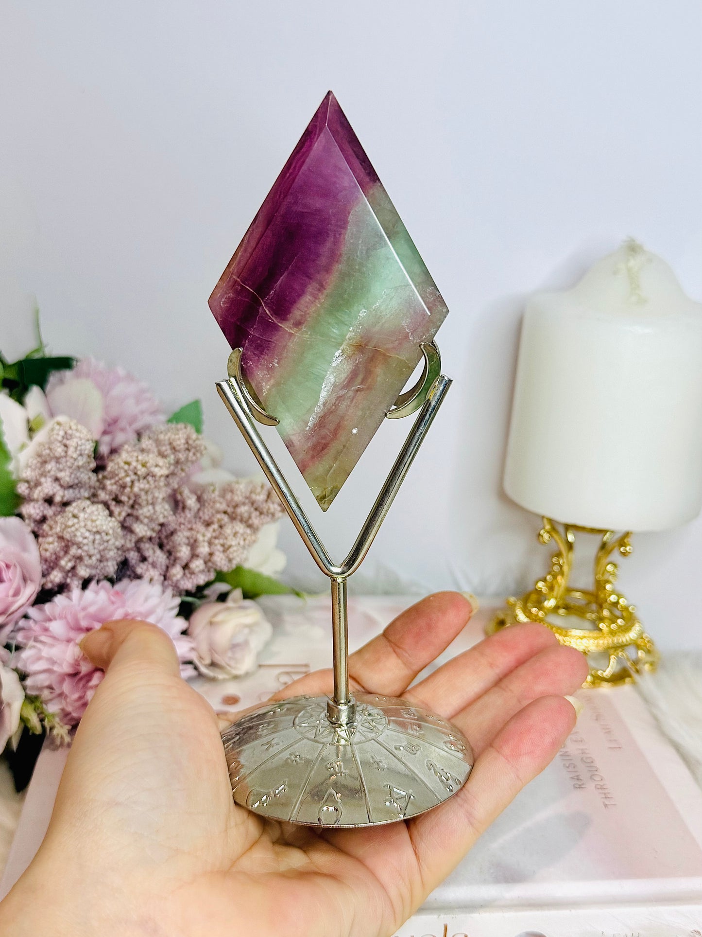Rainbow Fluorite Diamond | Rhombus On Silver Stand 16.5cm