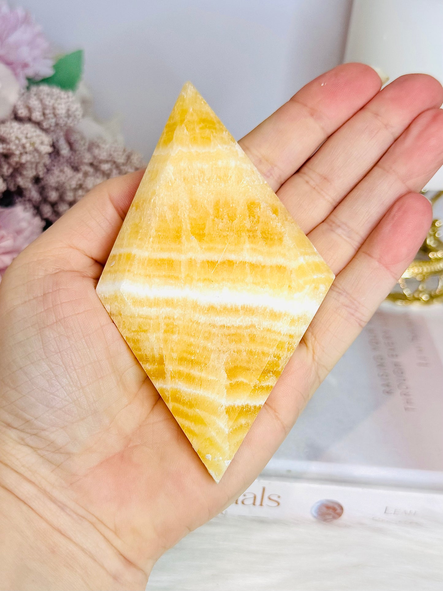Tall 18cm Orange Calcite Carved Diamond On Stand